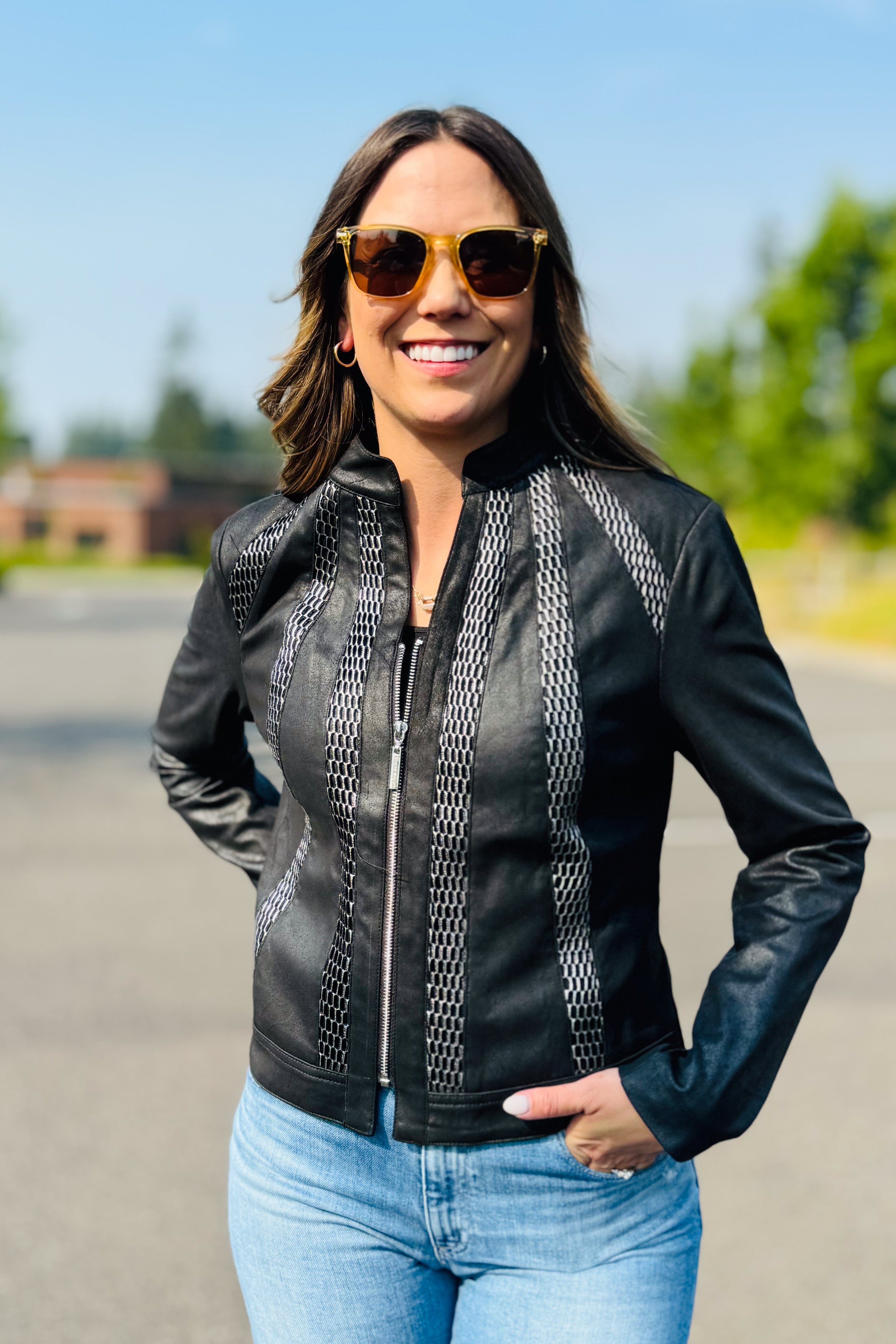 Faux Suede Jacket with Metallic Mesh