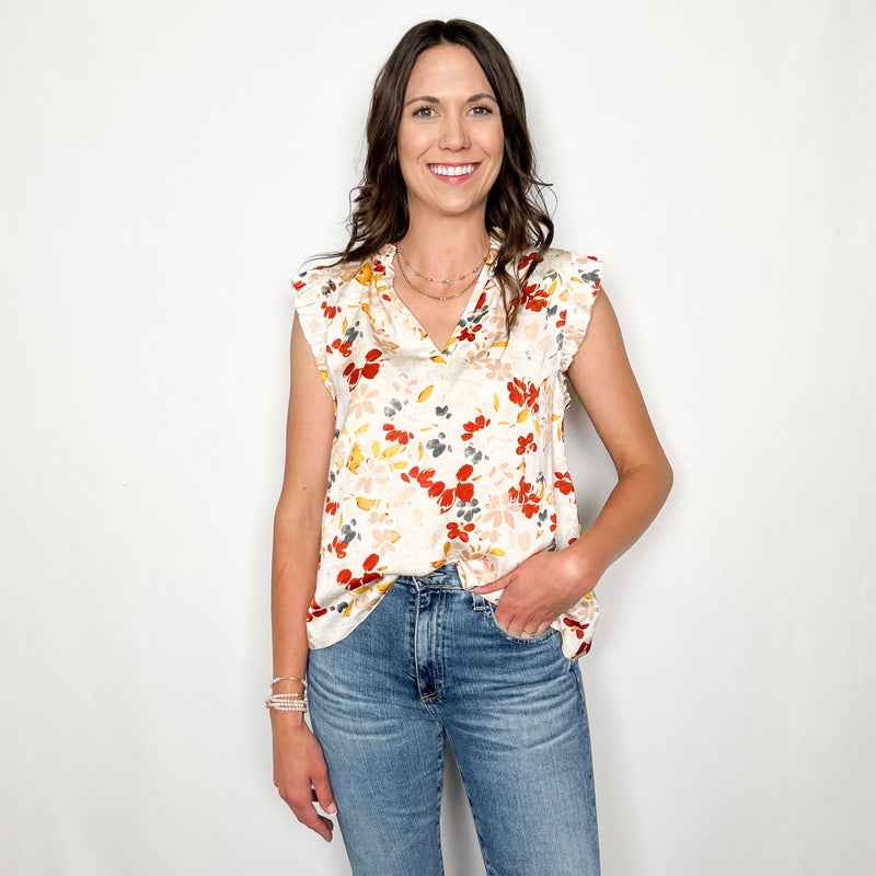 Floral Satin Ruffle Sleeve Blouse