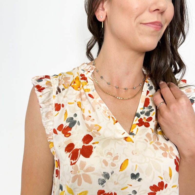 Floral Satin Ruffle Sleeve Blouse