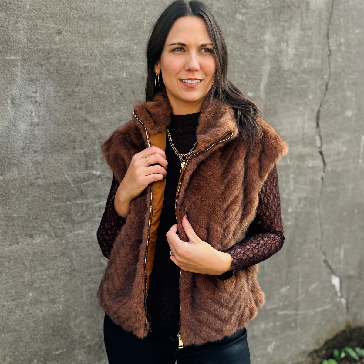 Faux Fur Chevron Zip Vest | Dolce Cabo