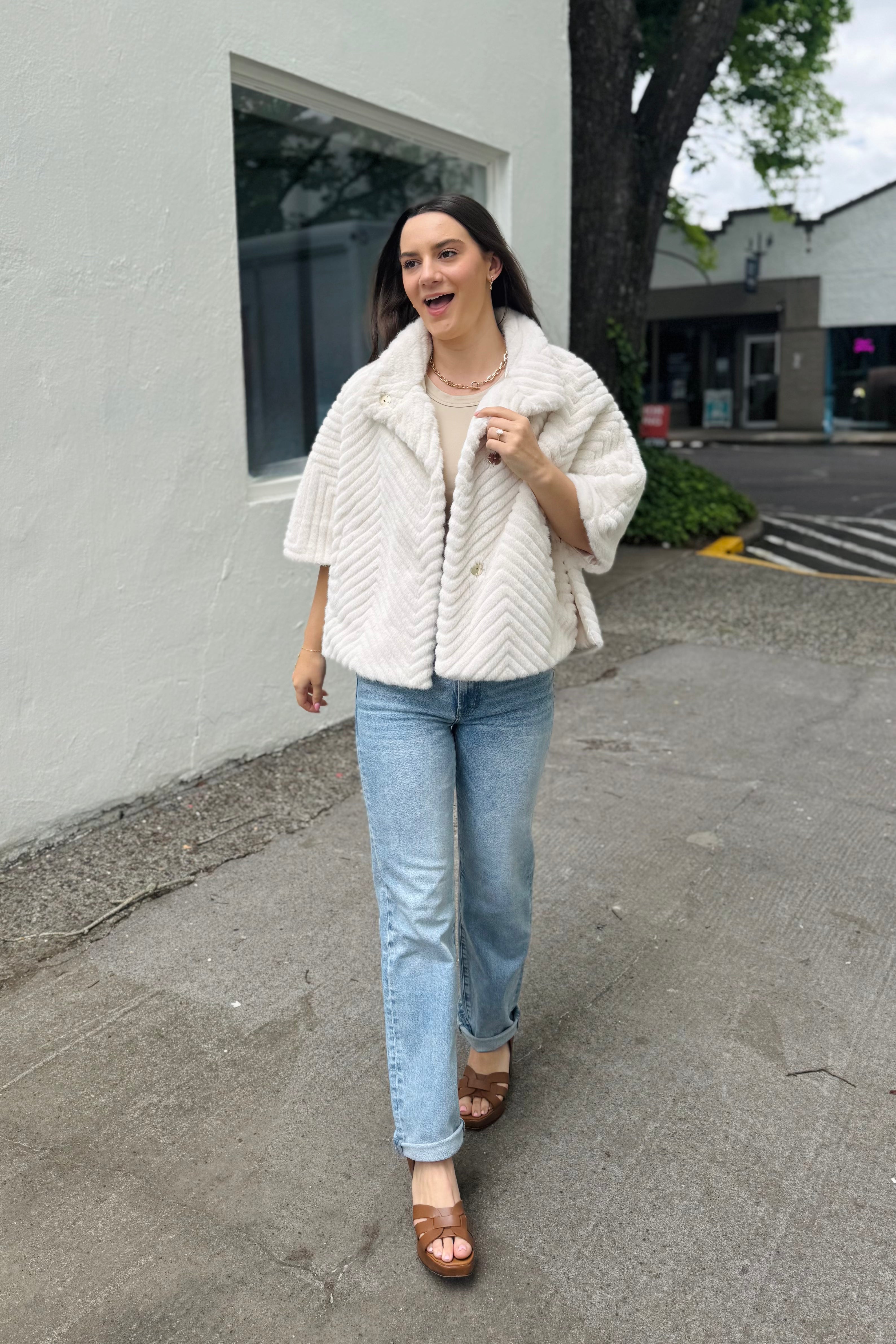 Chevron Faux Fur Cape-Style Jacket