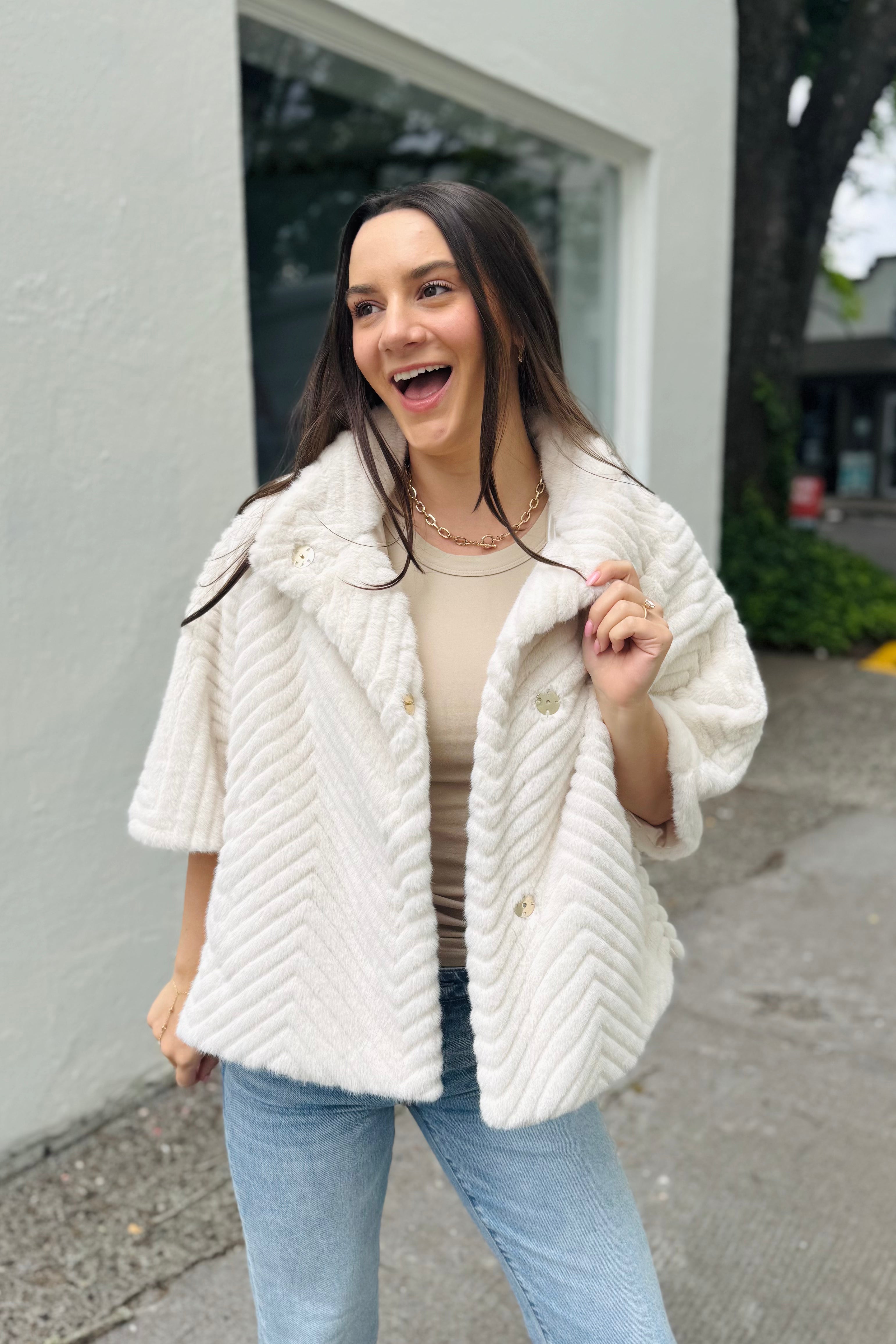 Chevron Faux Fur Cape-Style Jacket