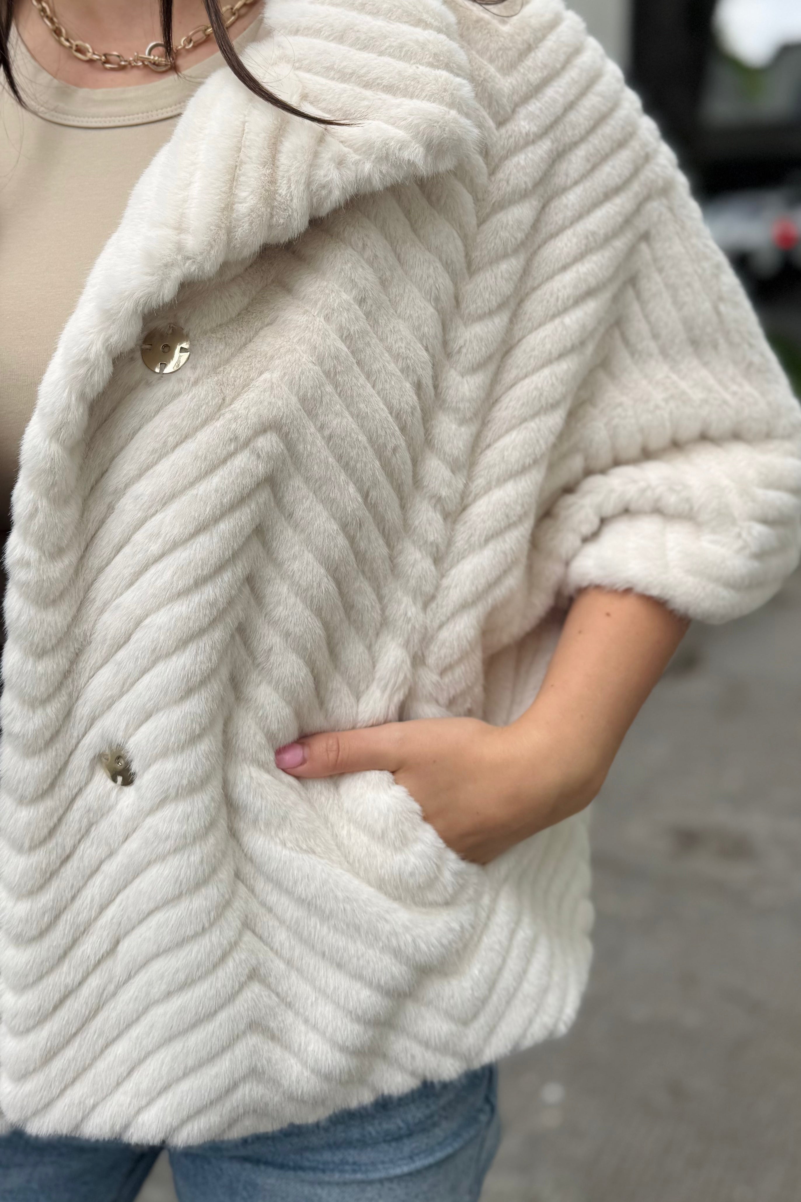Chevron Faux Fur Cape-Style Jacket