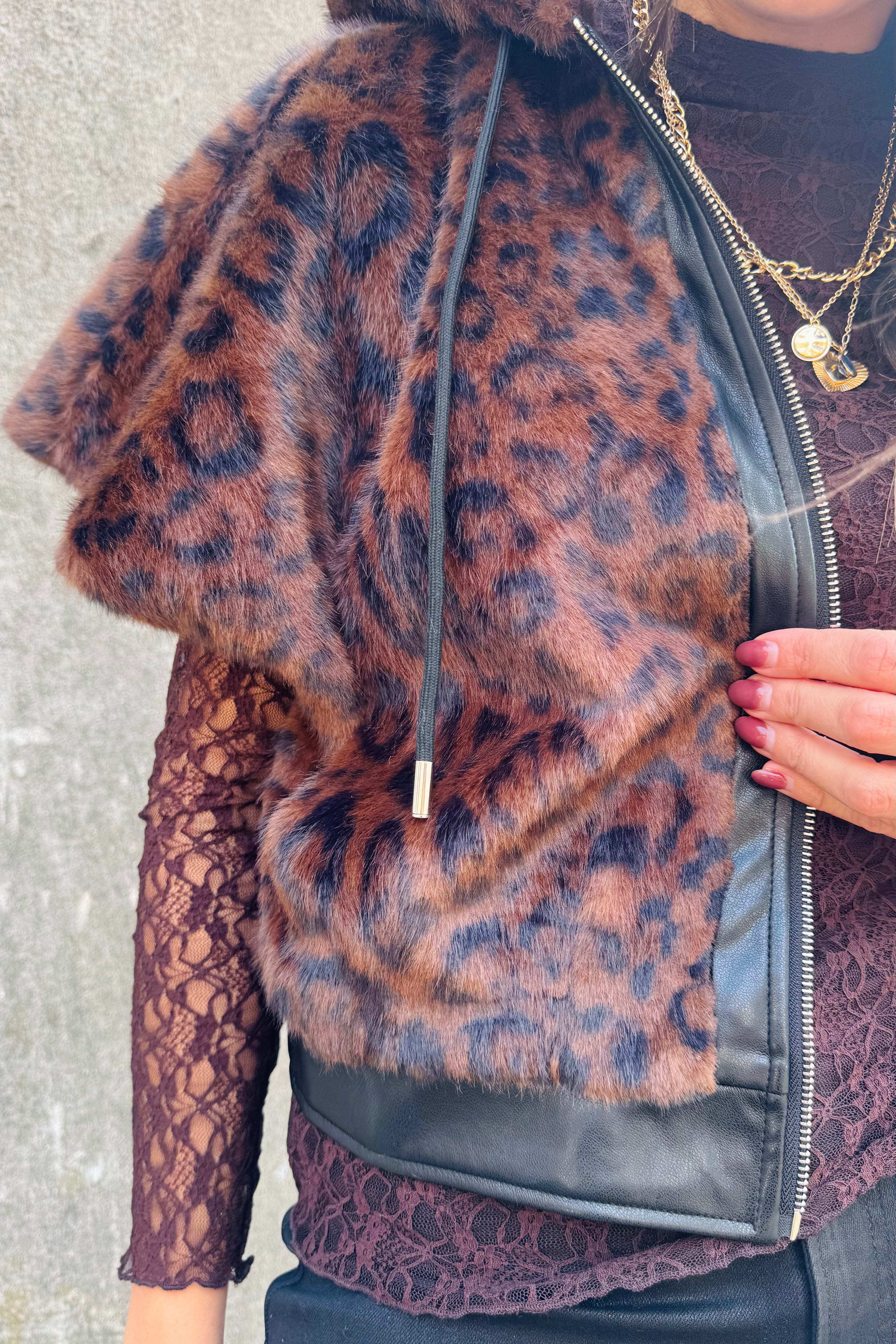 Faux Fur Vegan Leather Trim Hoody Vest Faux