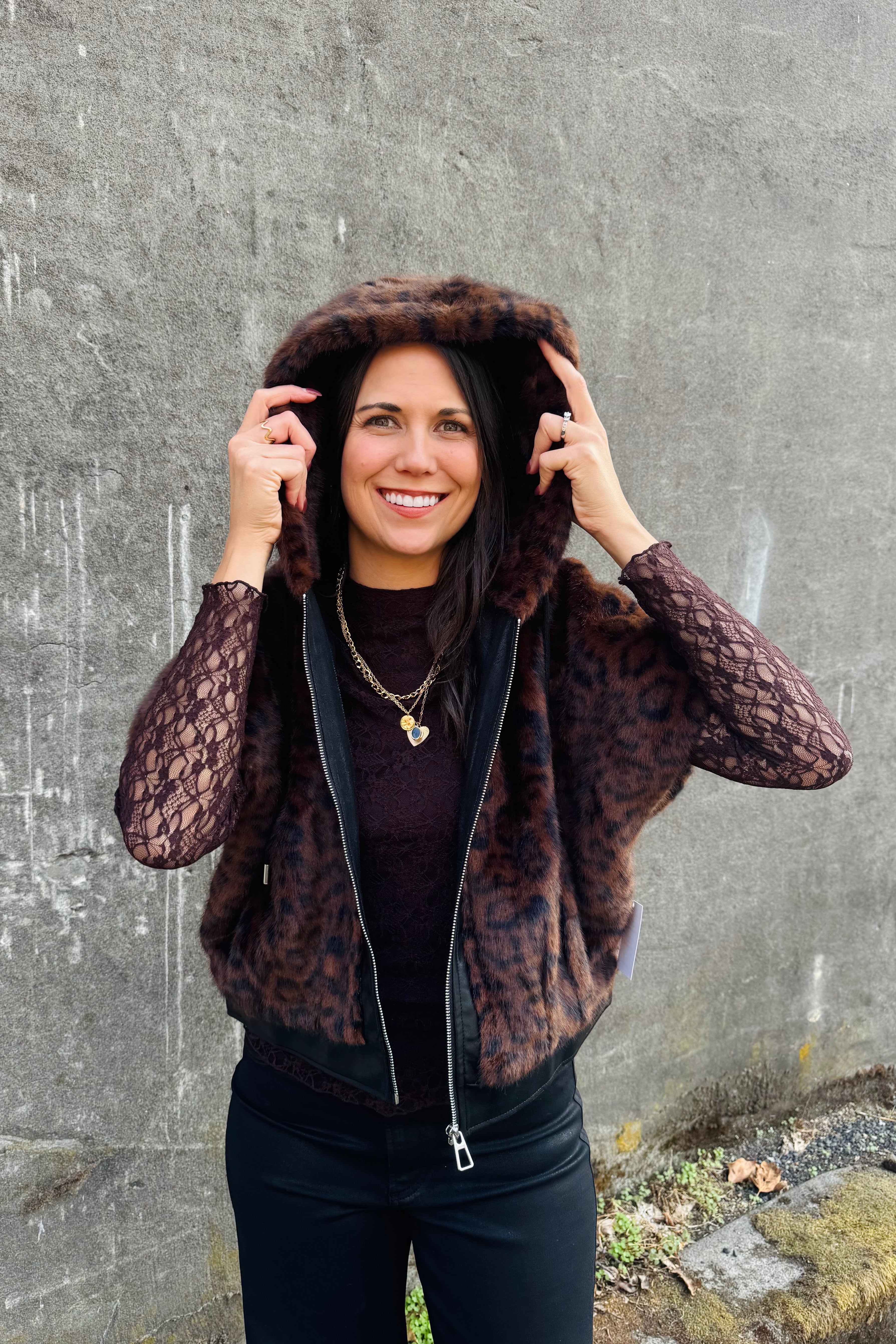 Faux Fur Vegan Leather Trim Hoody Vest Faux