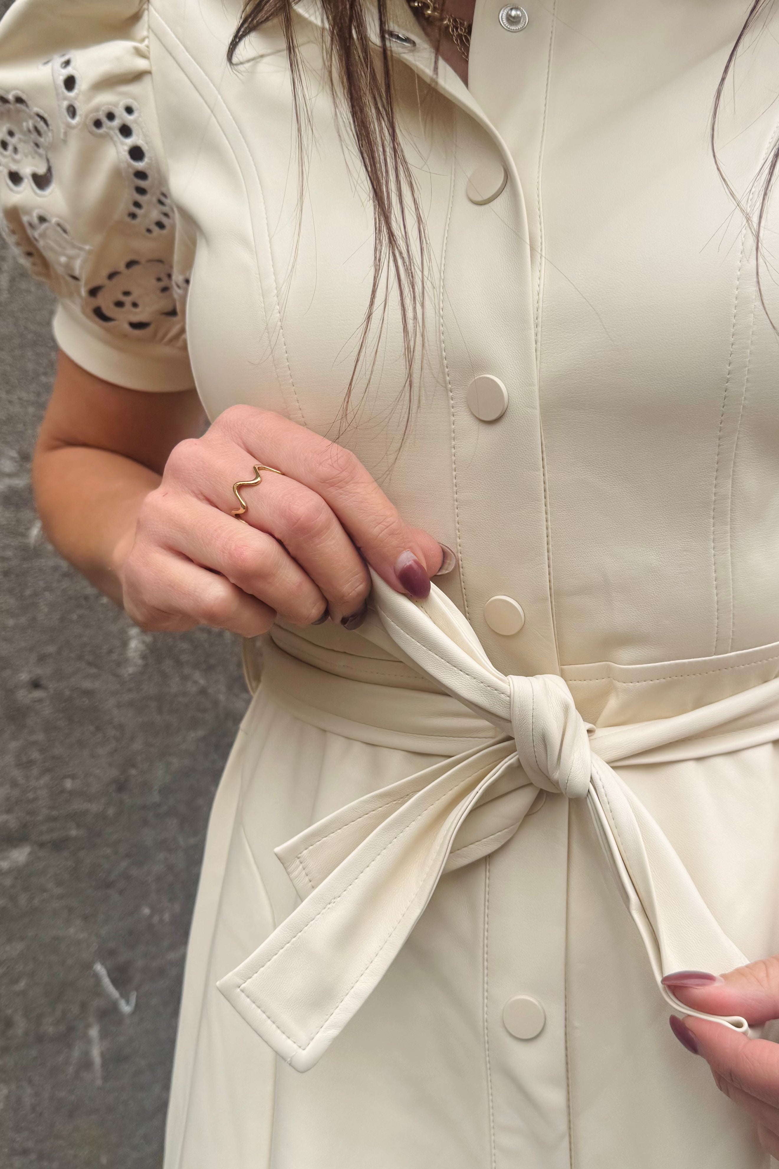 Faux Leather Embroidered Cut Out Sleeve Dress