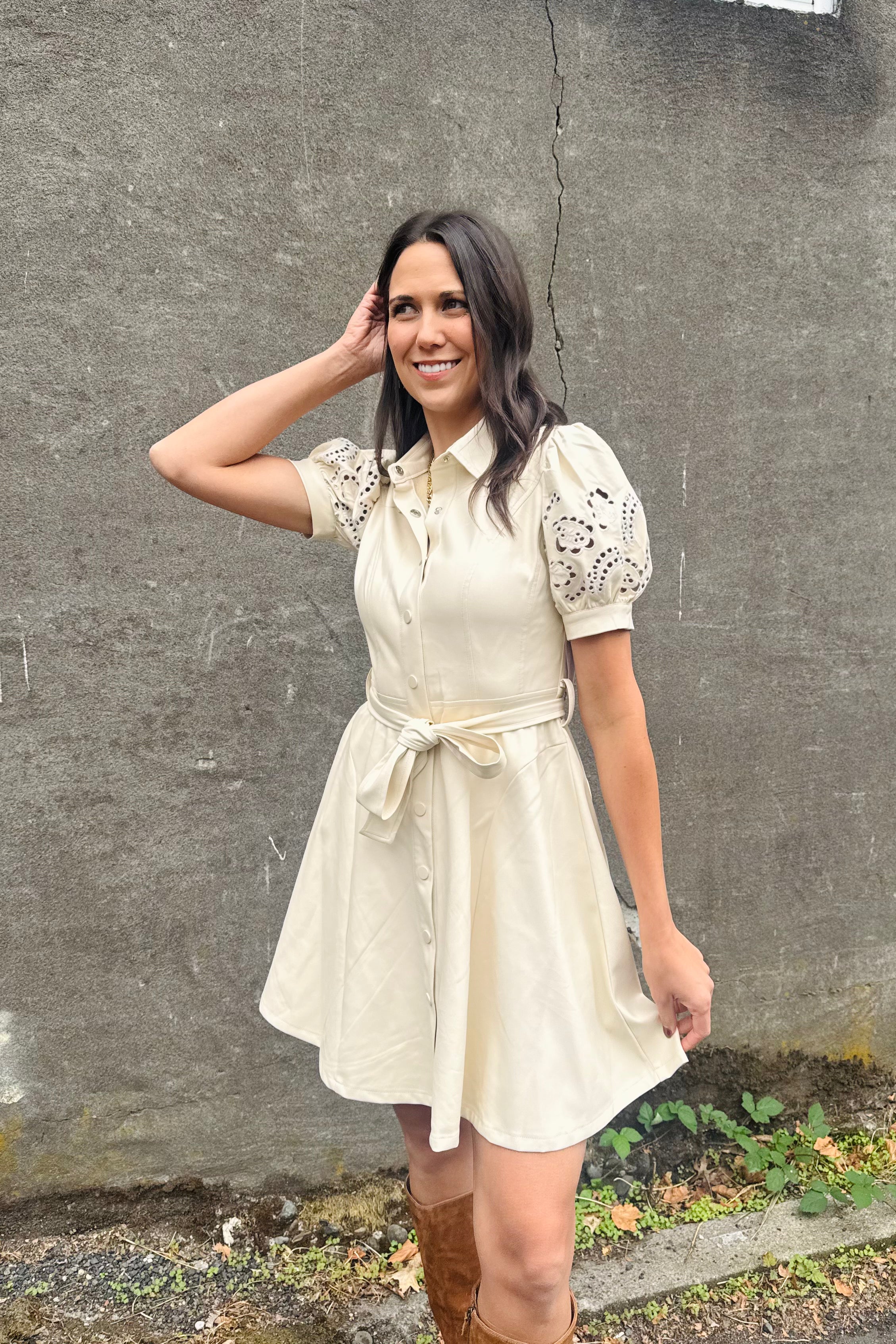 Faux Leather Embroidered Cut Out Sleeve Dress