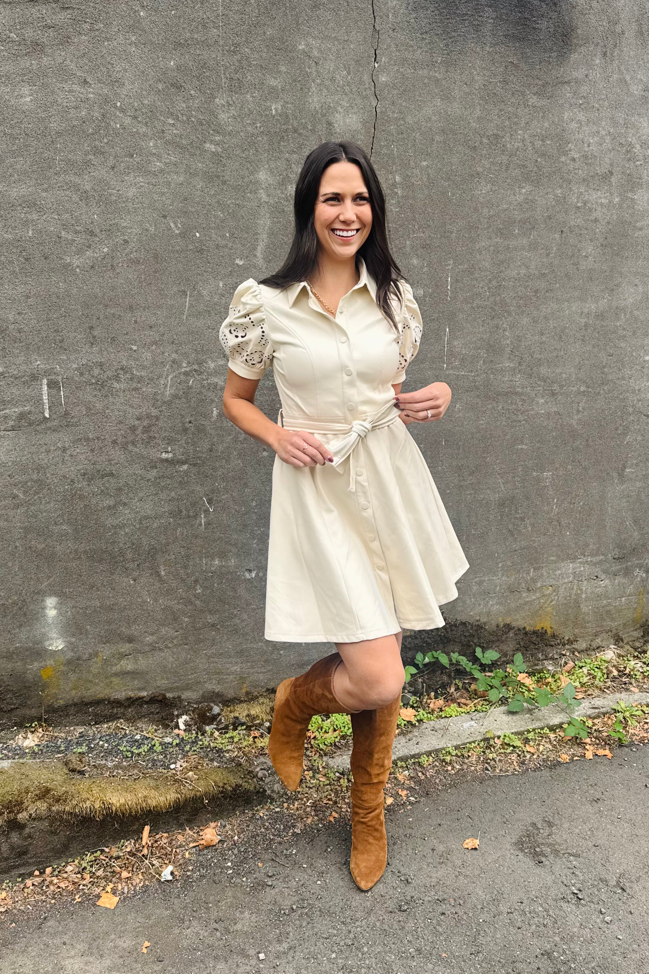 Faux Leather Embroidered Cut Out Sleeve Dress