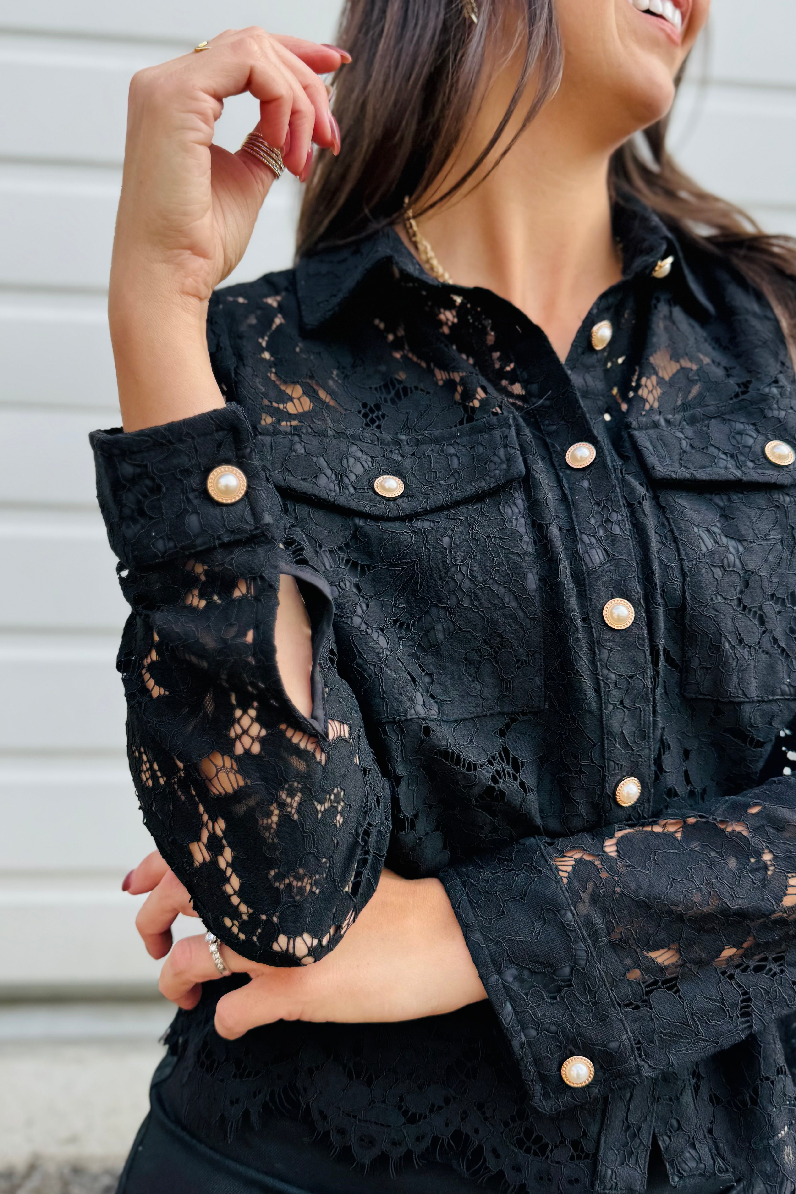 Floral Lace Pearl Button Longsleeve Blouse