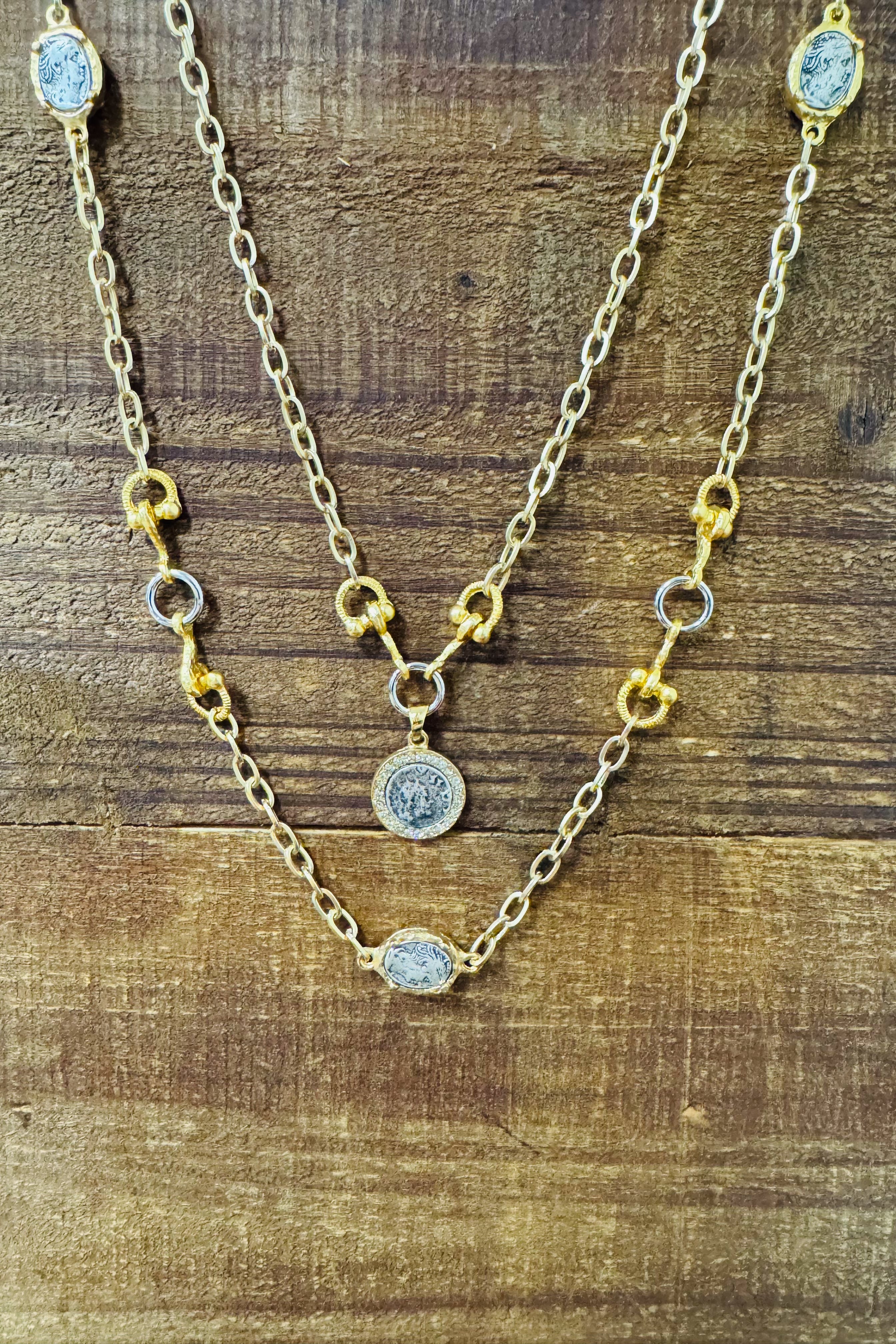 Gold Two Tier Mini Coin And Horsebit Necklace