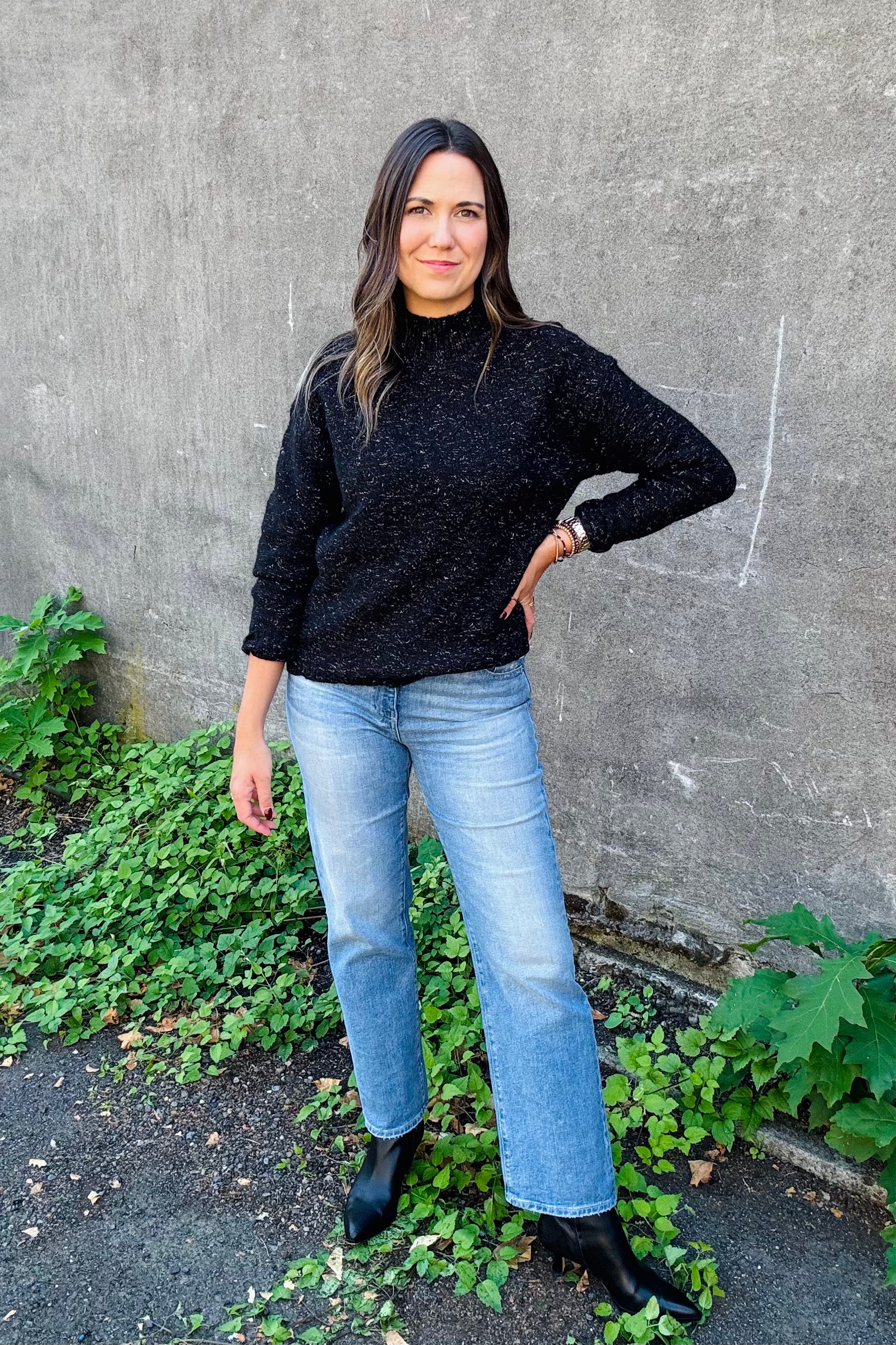 High/Low Mock Neck Puff Sleeve Sweater