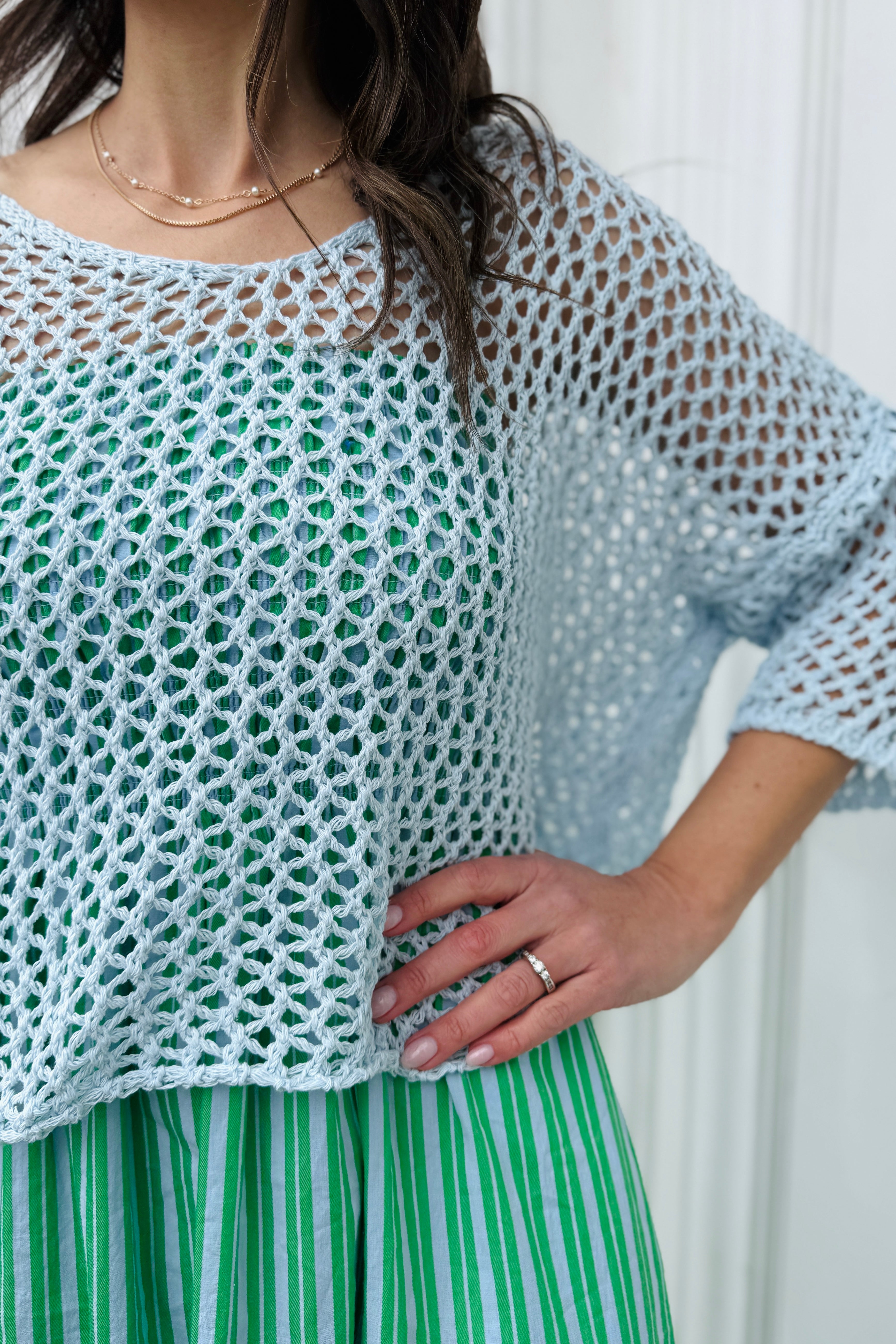 Drop Shoulder Crochet V-Neck