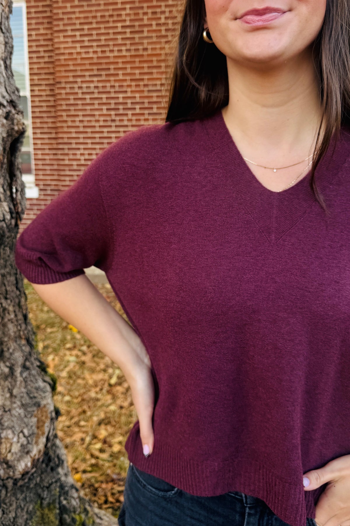 Italian V-Neck Light Sweater Top - Plum
