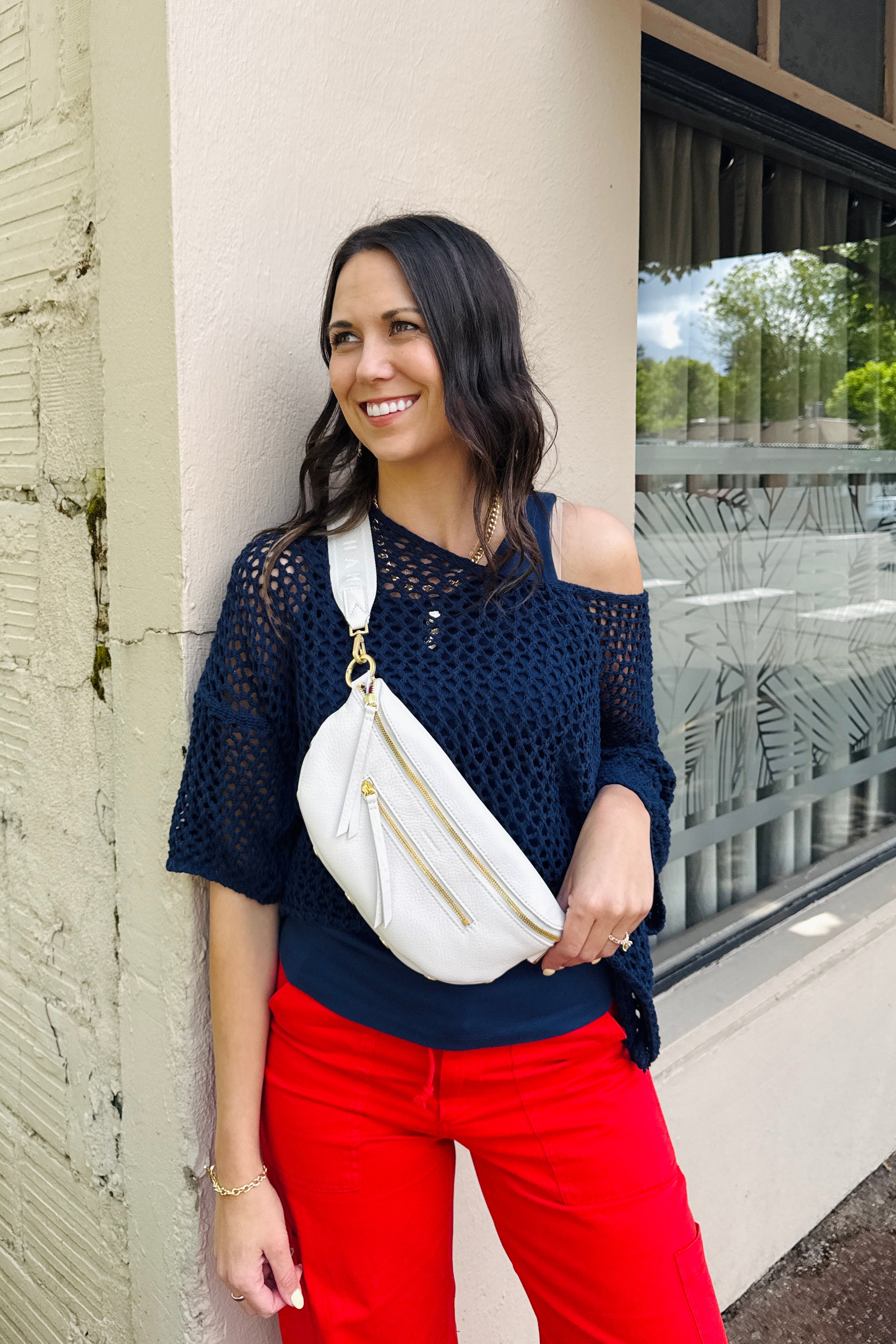 Drop Shoulder Crochet V-Neck