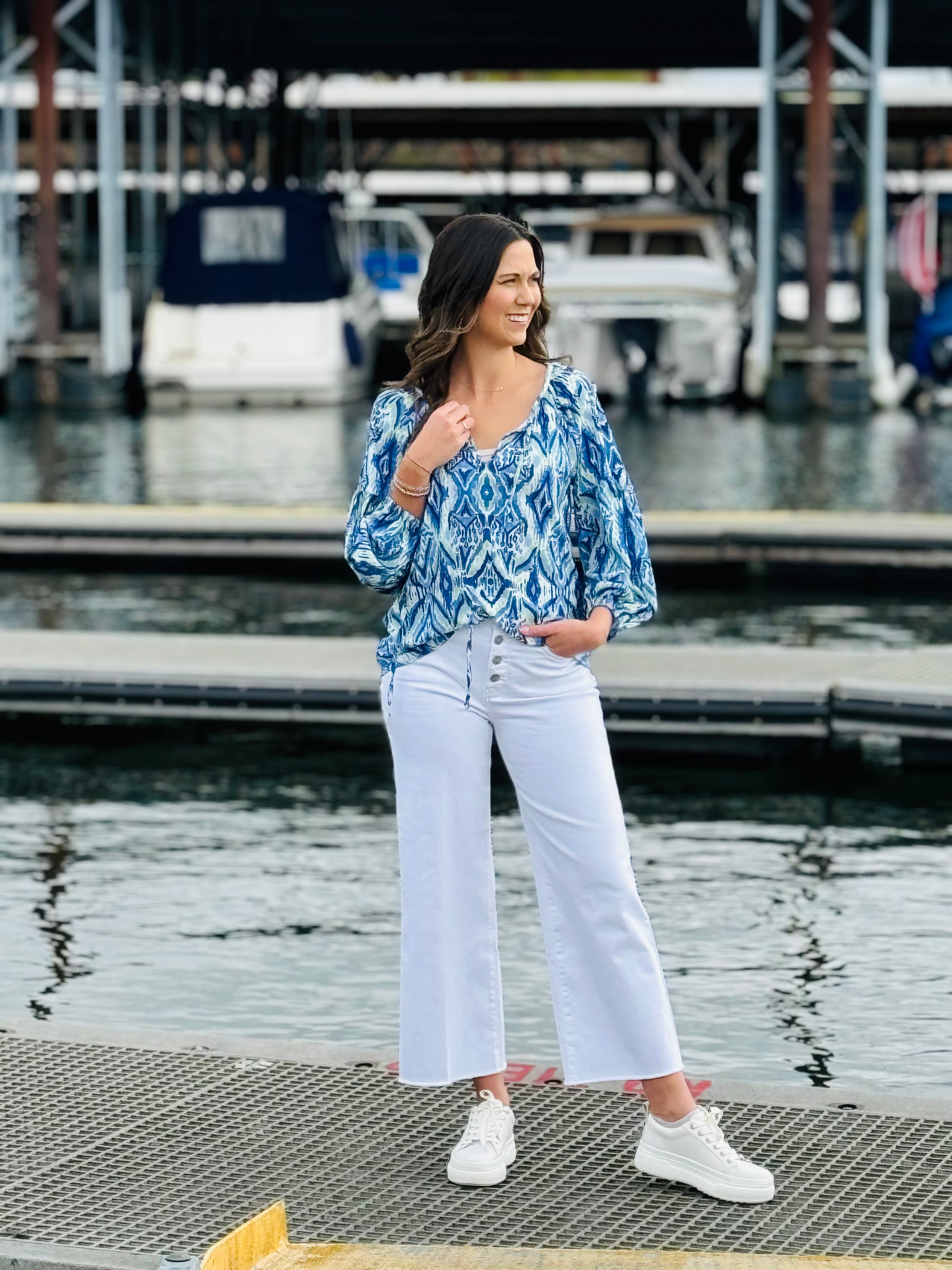 Blue and white peasant top online