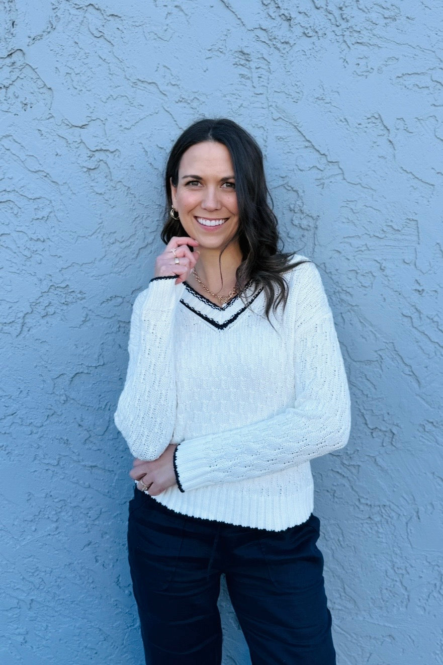 A perfect cream sweater with just a hint of navy. Girls trip to the beach this spring? Camas and Ridgefield customers love this coastal vibe!! Pair it with a navy trouser or a denim and your good to go!