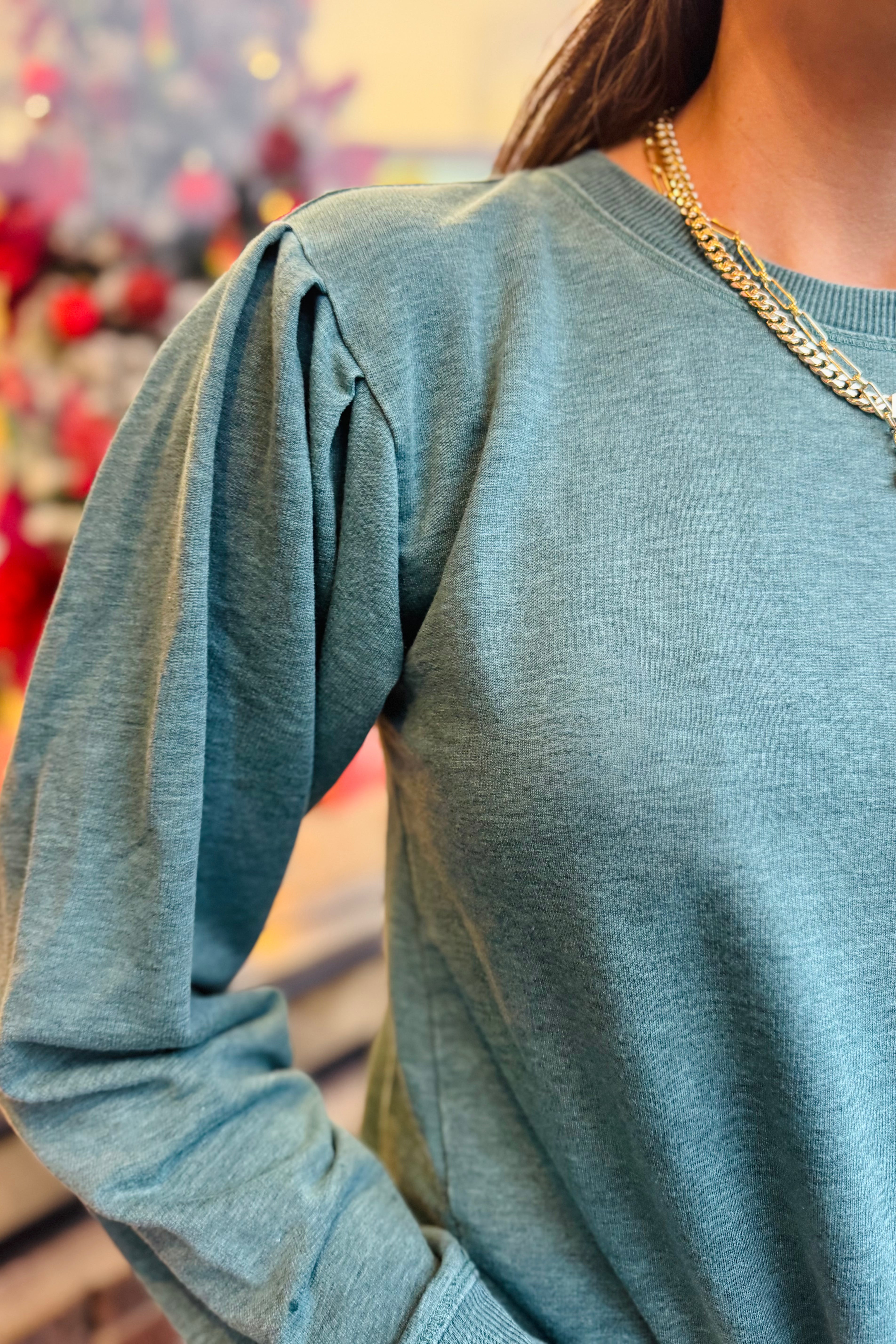 L/S Pleated Sleeve Sweatshirt-Frozen Teal