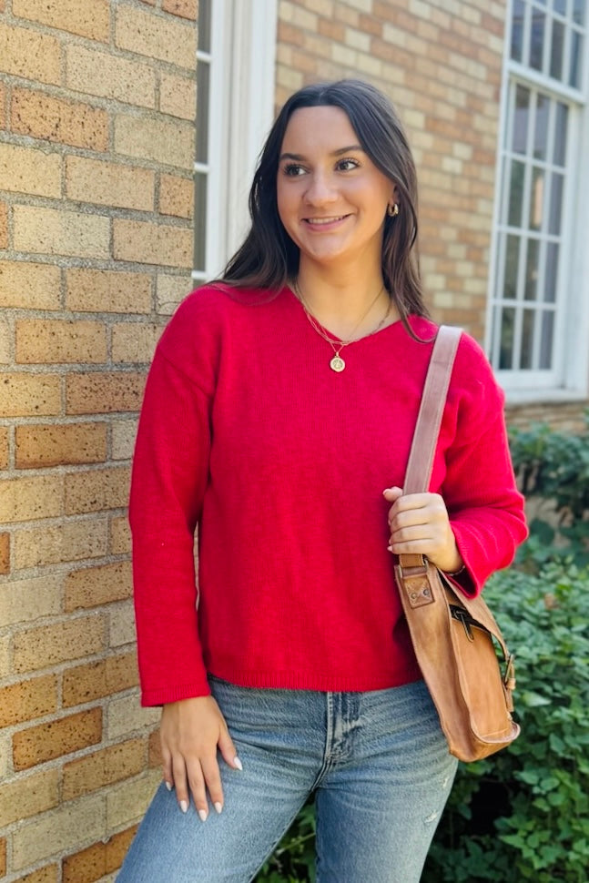 L/S Crop V-Neck Slub Sweater