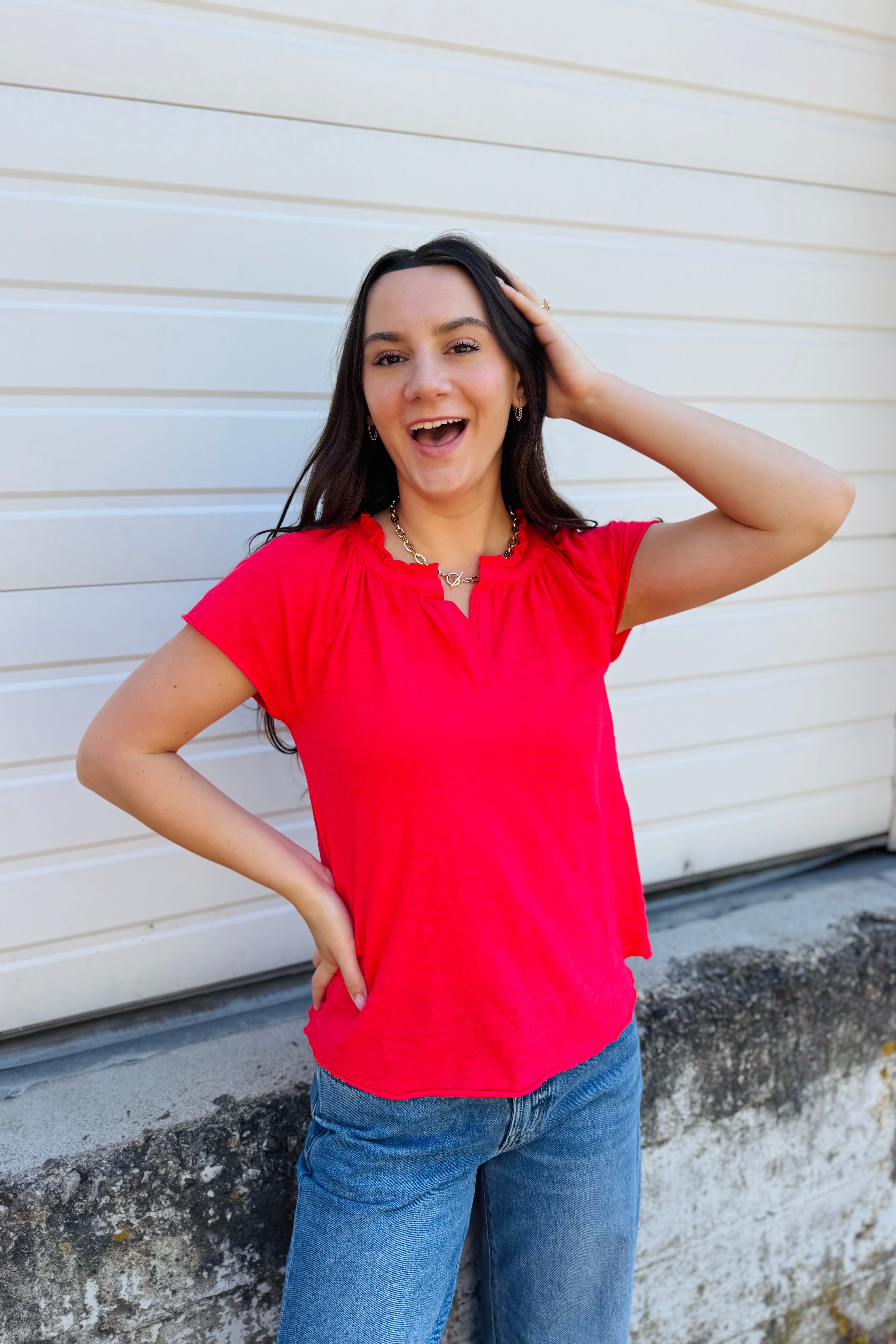 S/S Ruffle Henley Swing Top