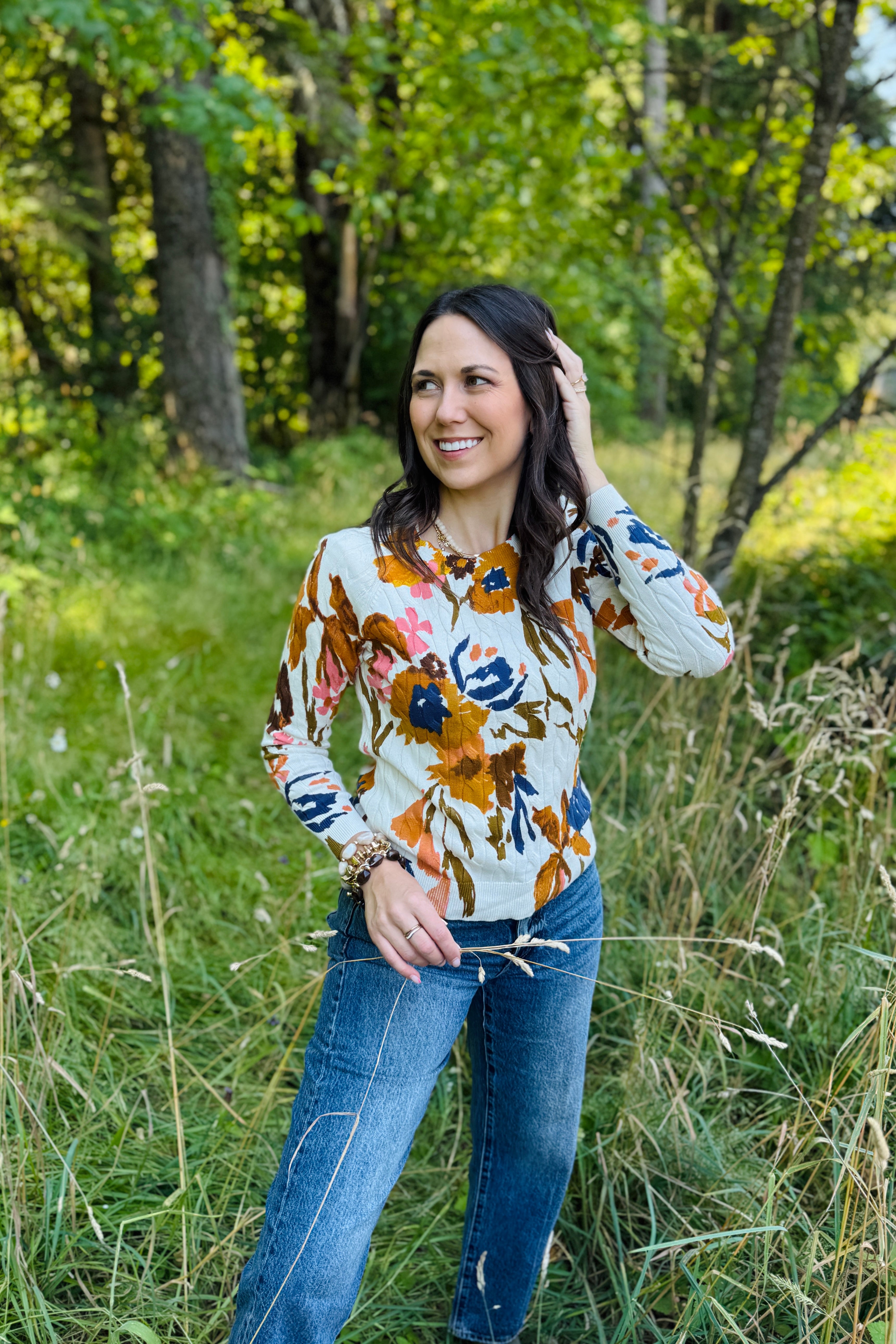 A cable knit sweater that transitions from summer to fall. Stunning colors and print that add that wow factor to every outfit. Pairs perfectly with denim or dress it up with a polished pant.
