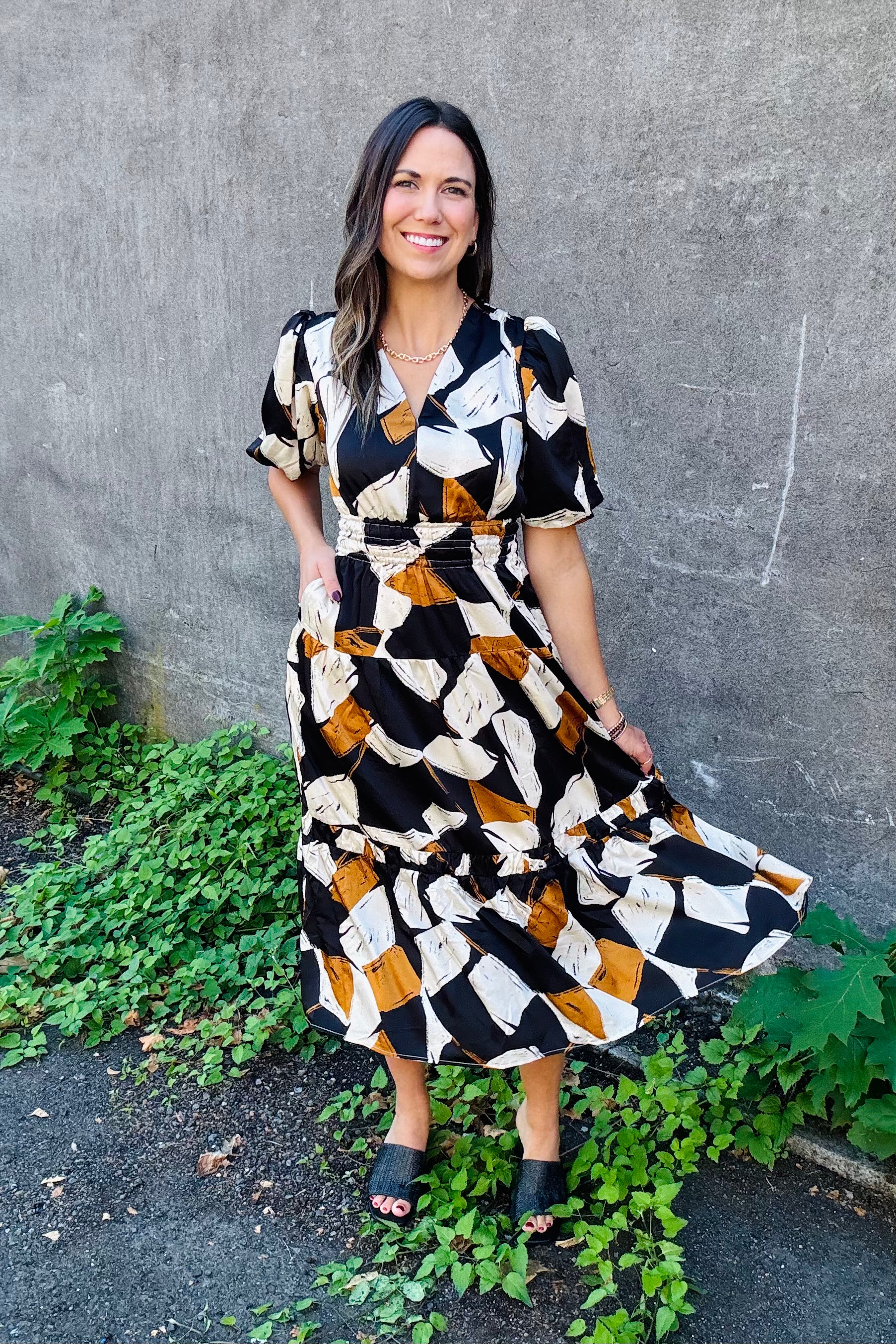 Puff Sleeve Tiered Print Dress