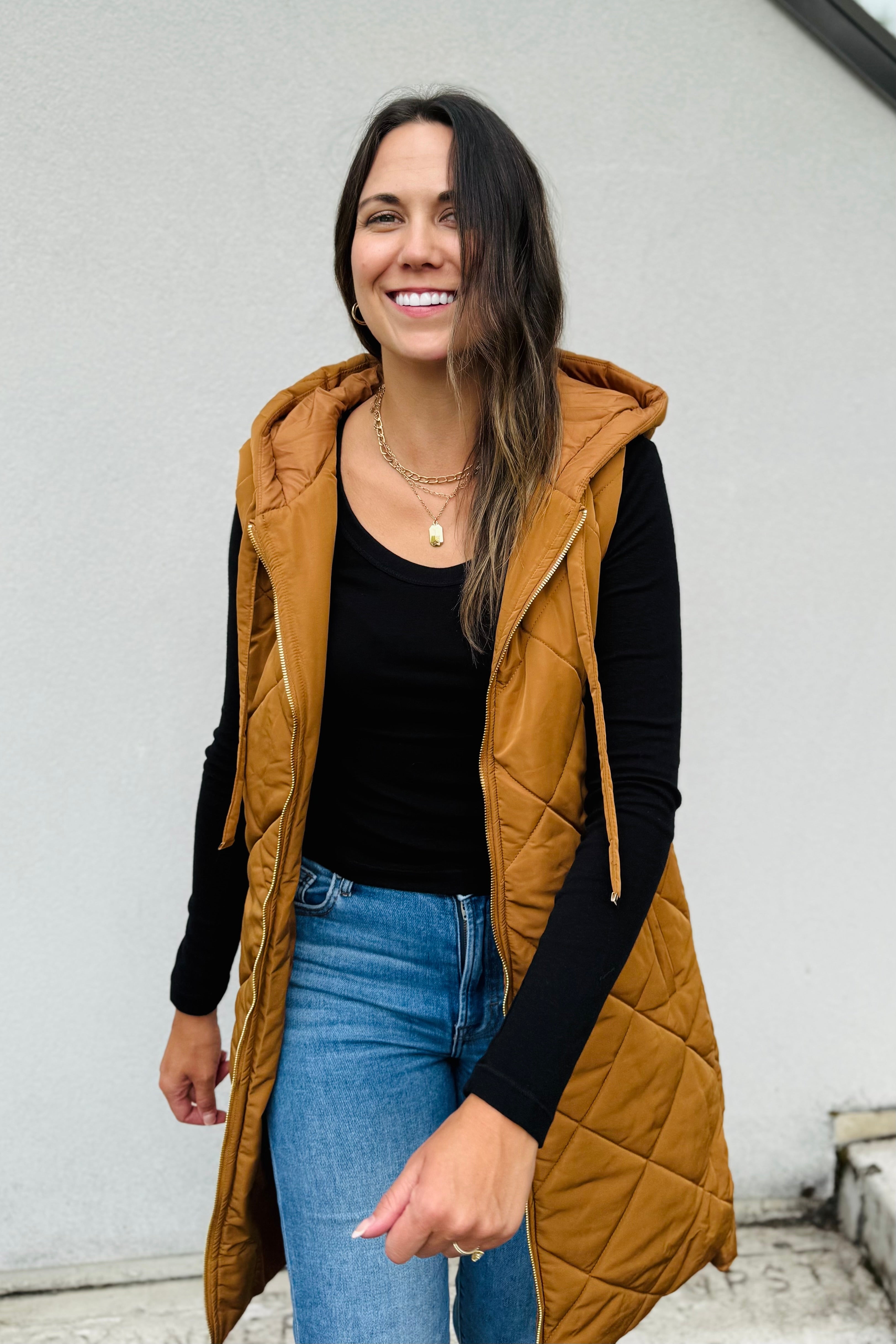 Quilted Puffer Long Hoodie Vest