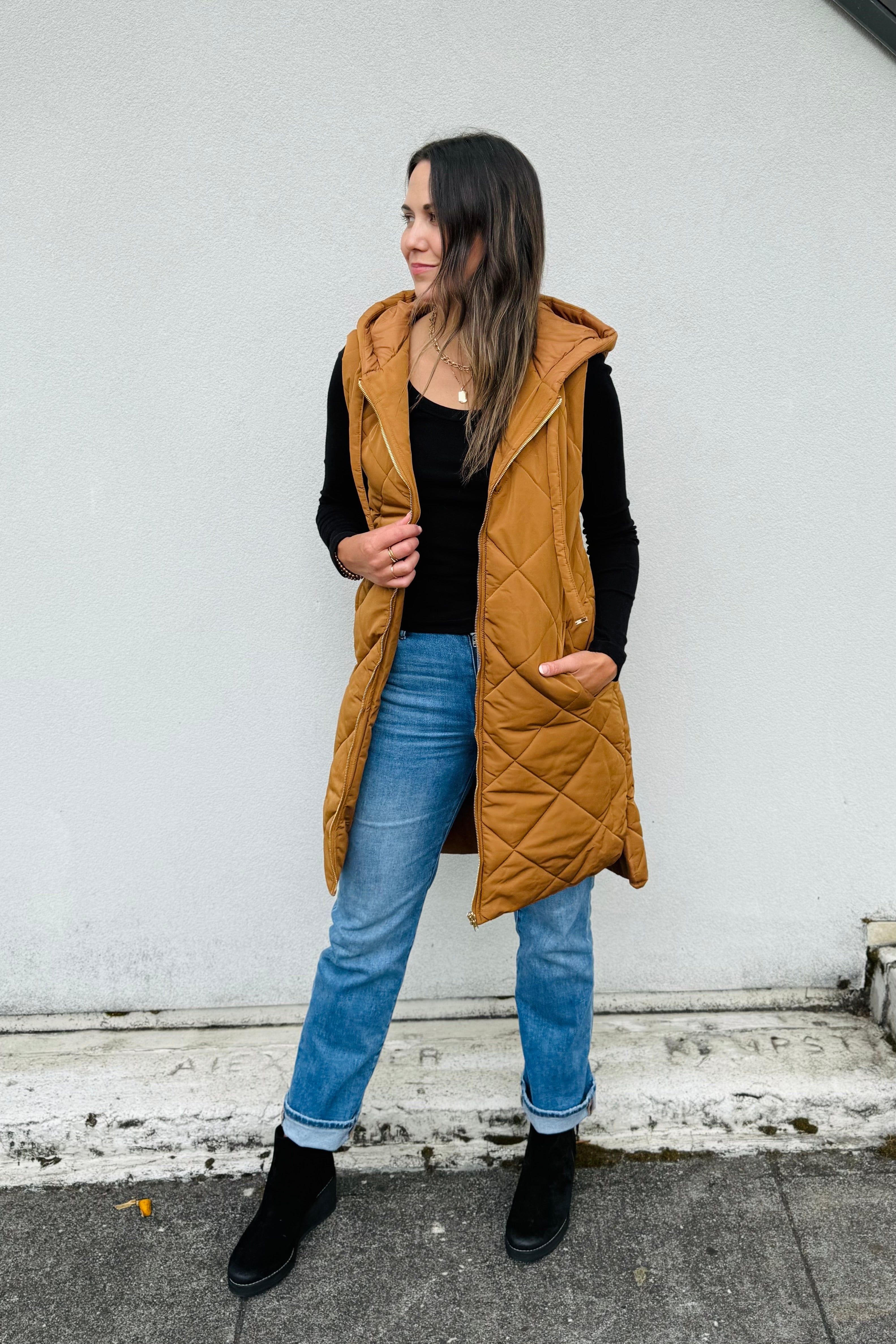 Quilted Puffer Long Hoodie Vest