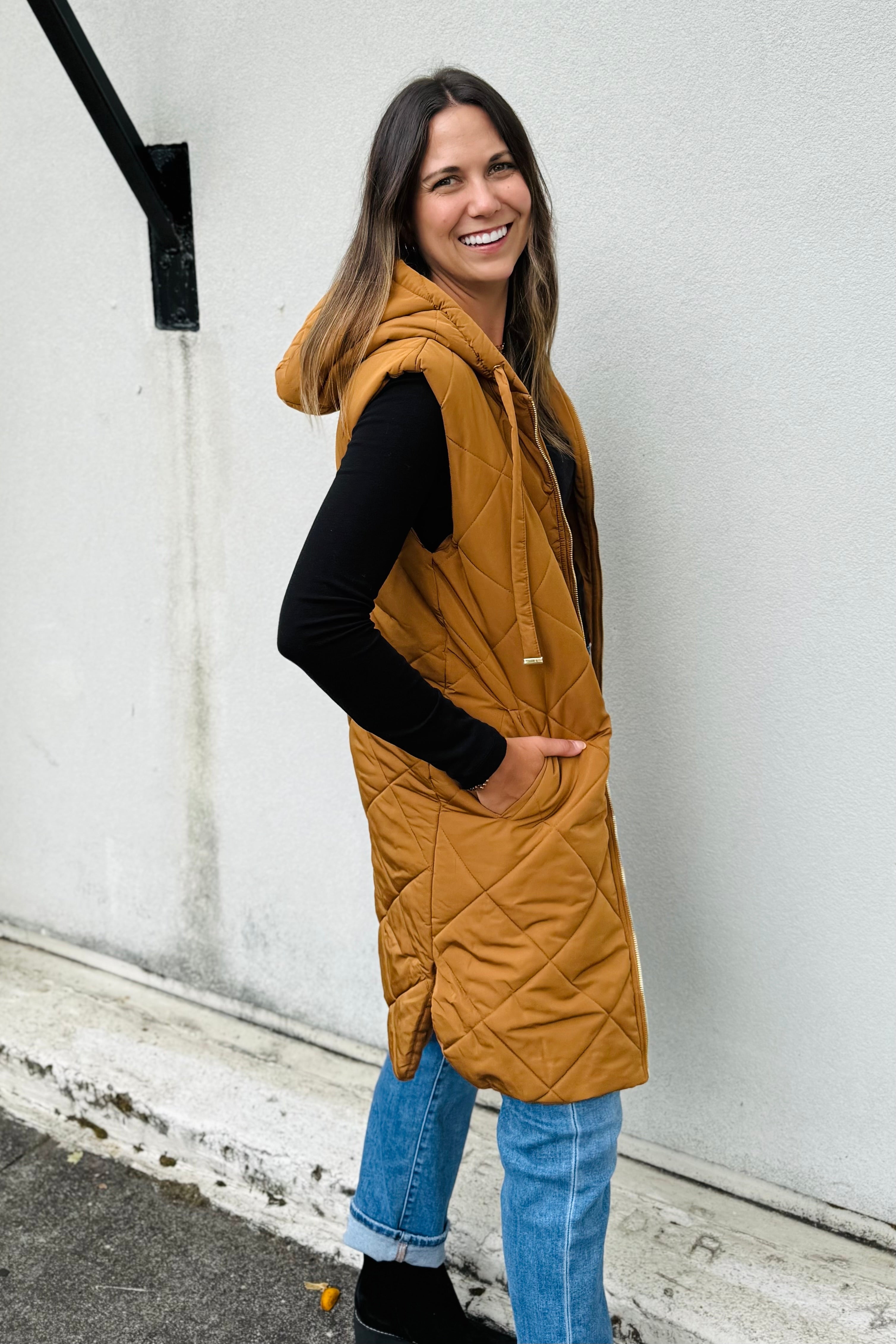Quilted Puffer Long Hoodie Vest
