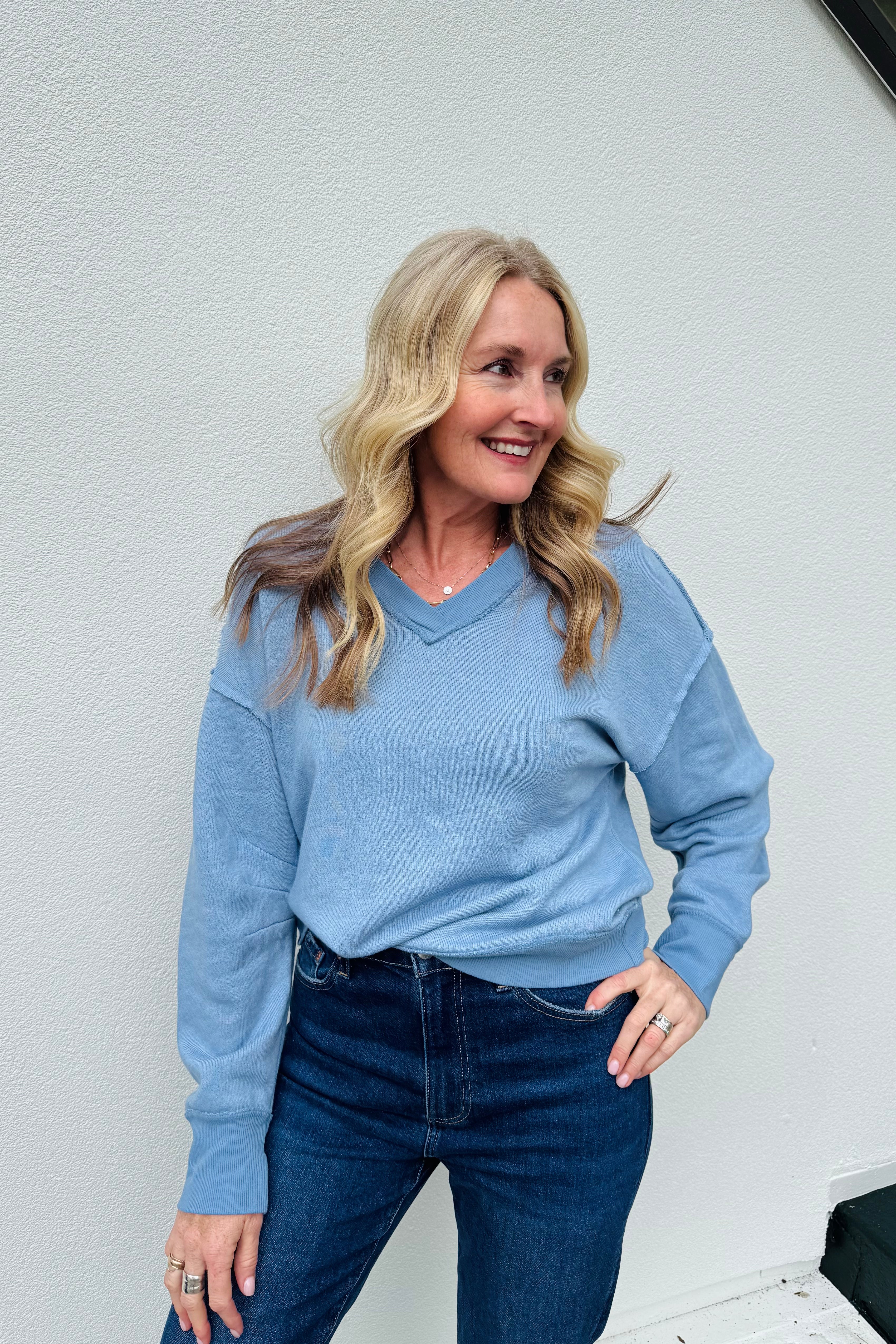 Reverse Stitch V-Neck Sweatshirt