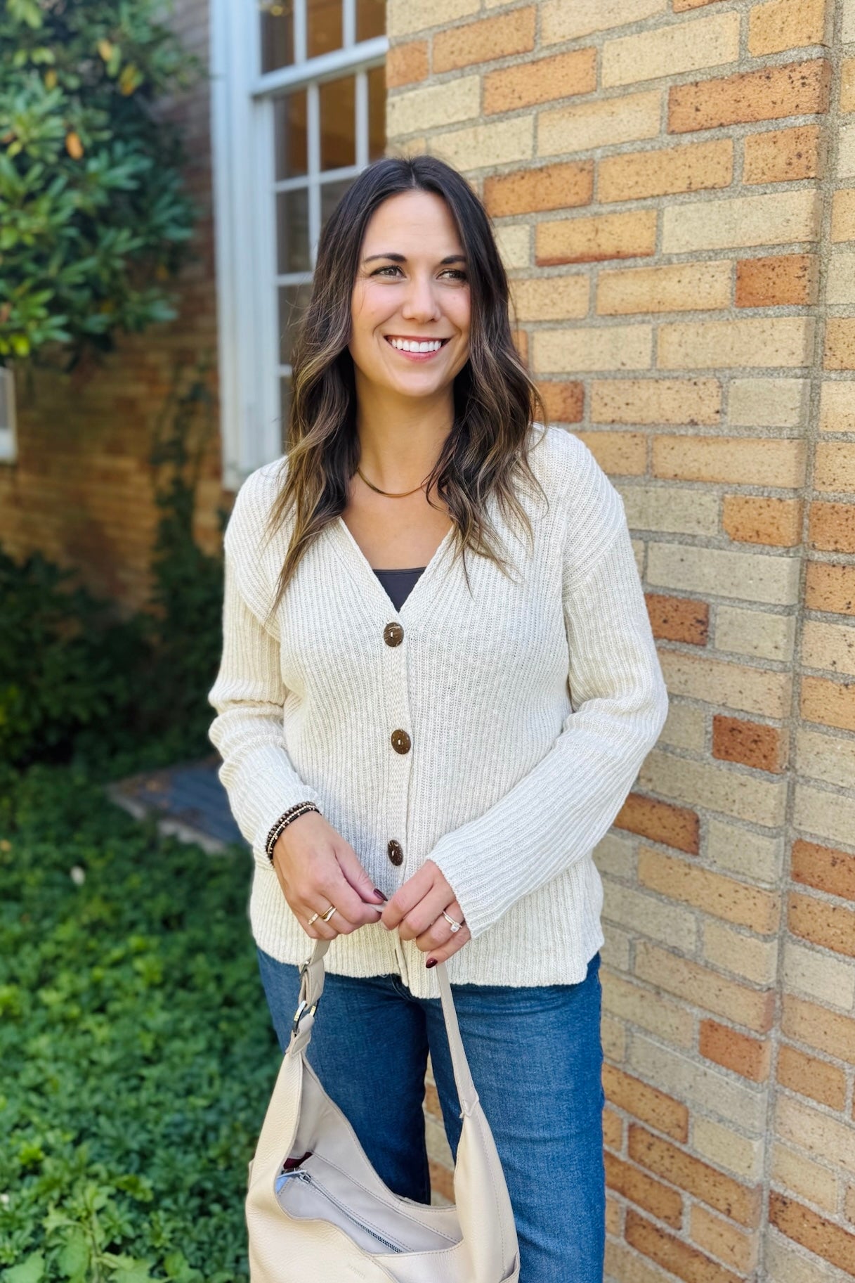 Ribbed 4 Button Cardigan-Natural