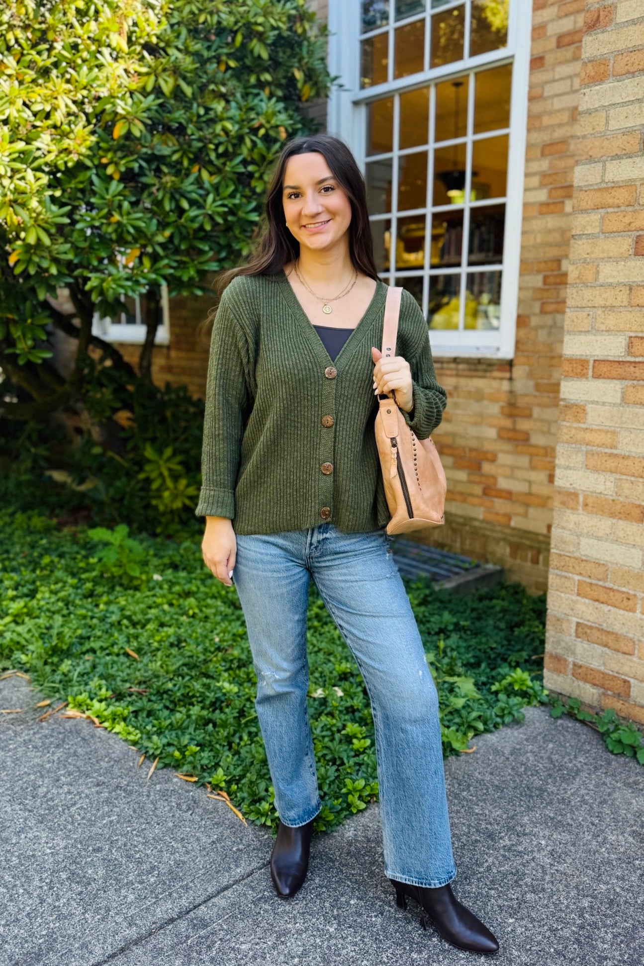 Ribbed 4 Button Cardigan-Olive