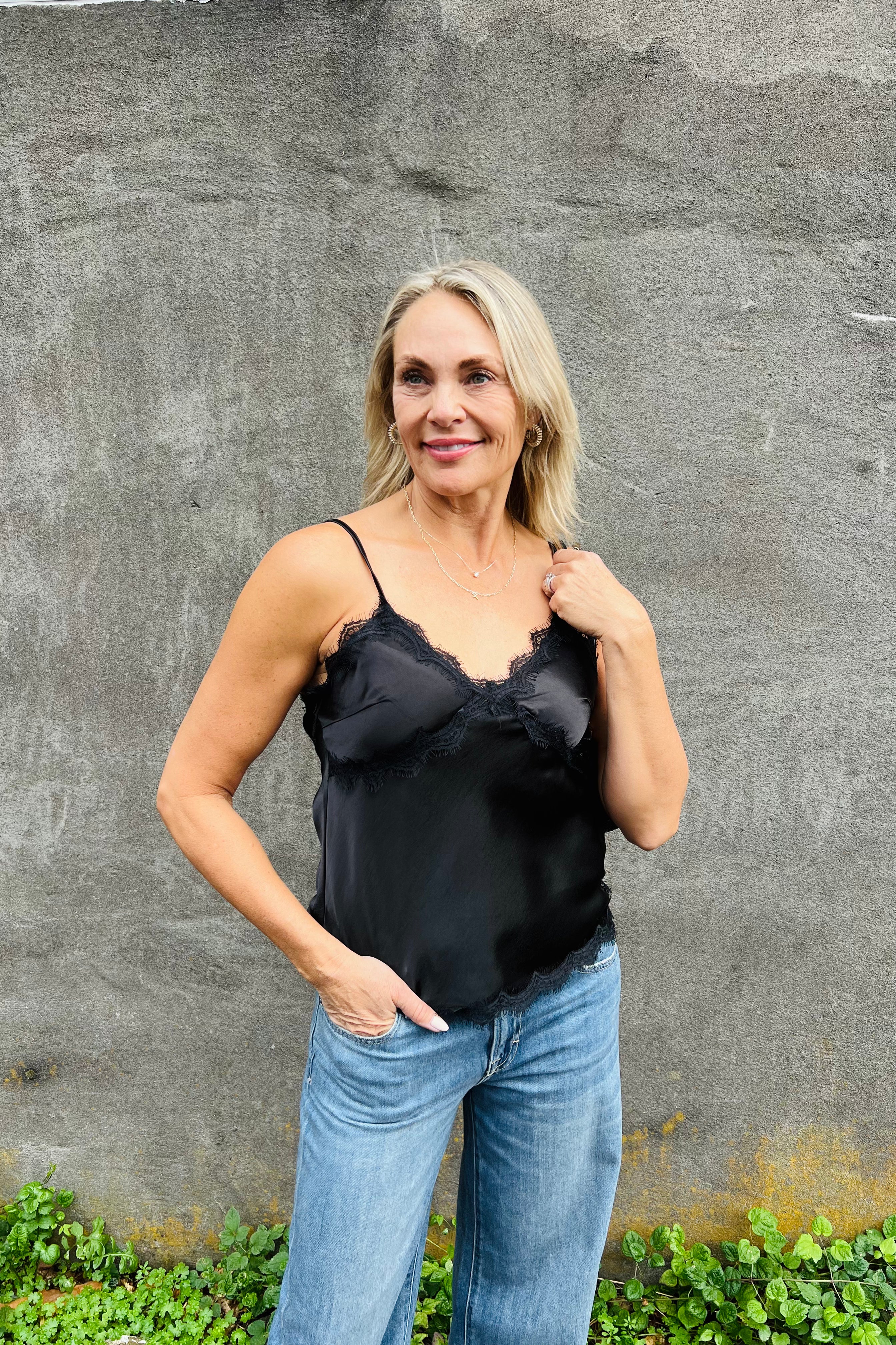 Satin Lace Trimmed Cami - Black