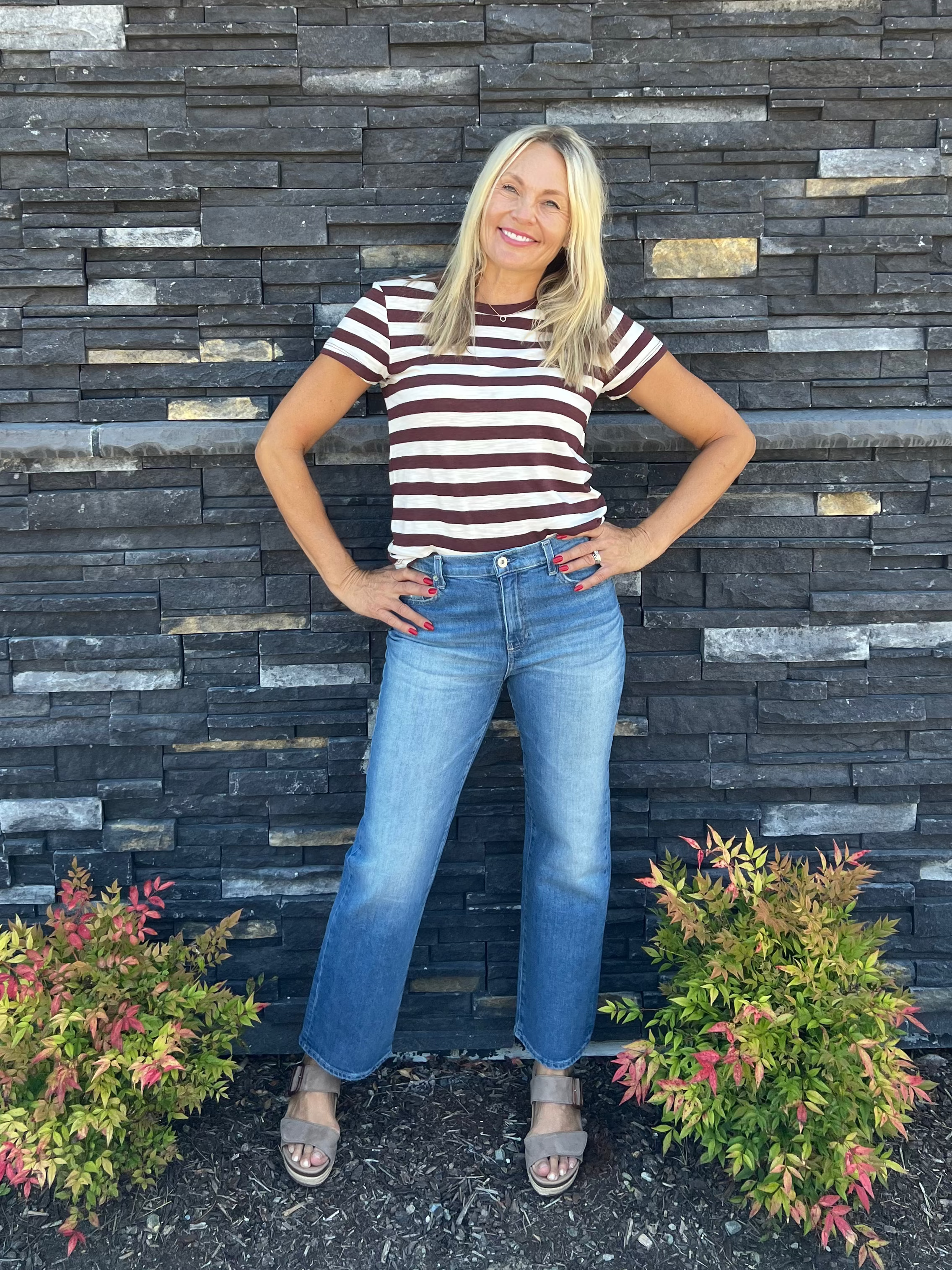 This striped tee is a great way to add a little print & novelty to any outfit! It's great to wear on it's own but also perfect for layering under jackets or sweaters!