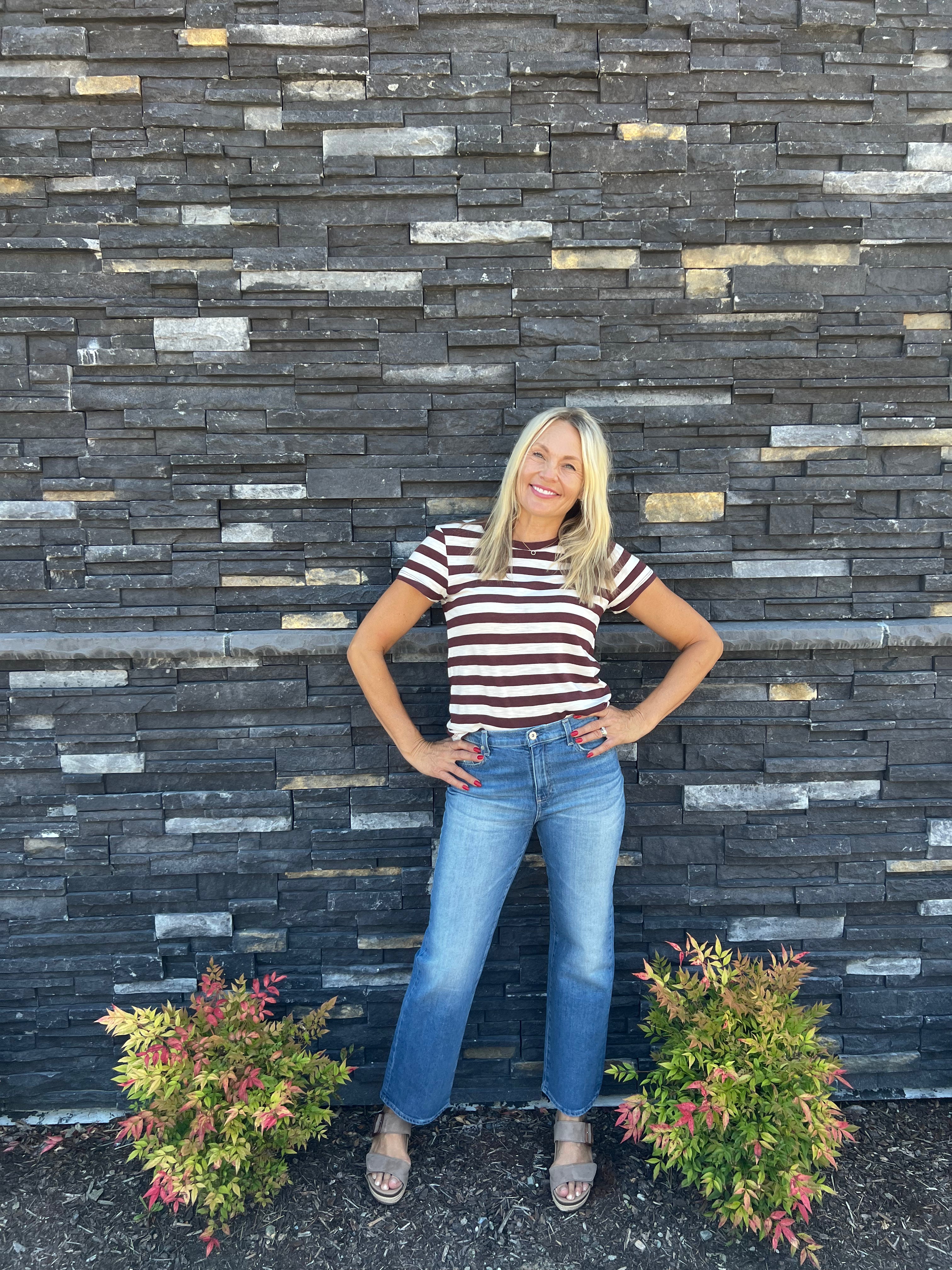 This striped tee is a great way to add a little print & novelty to any outfit! It's great to wear on it's own but also perfect for layering under jackets or sweaters!