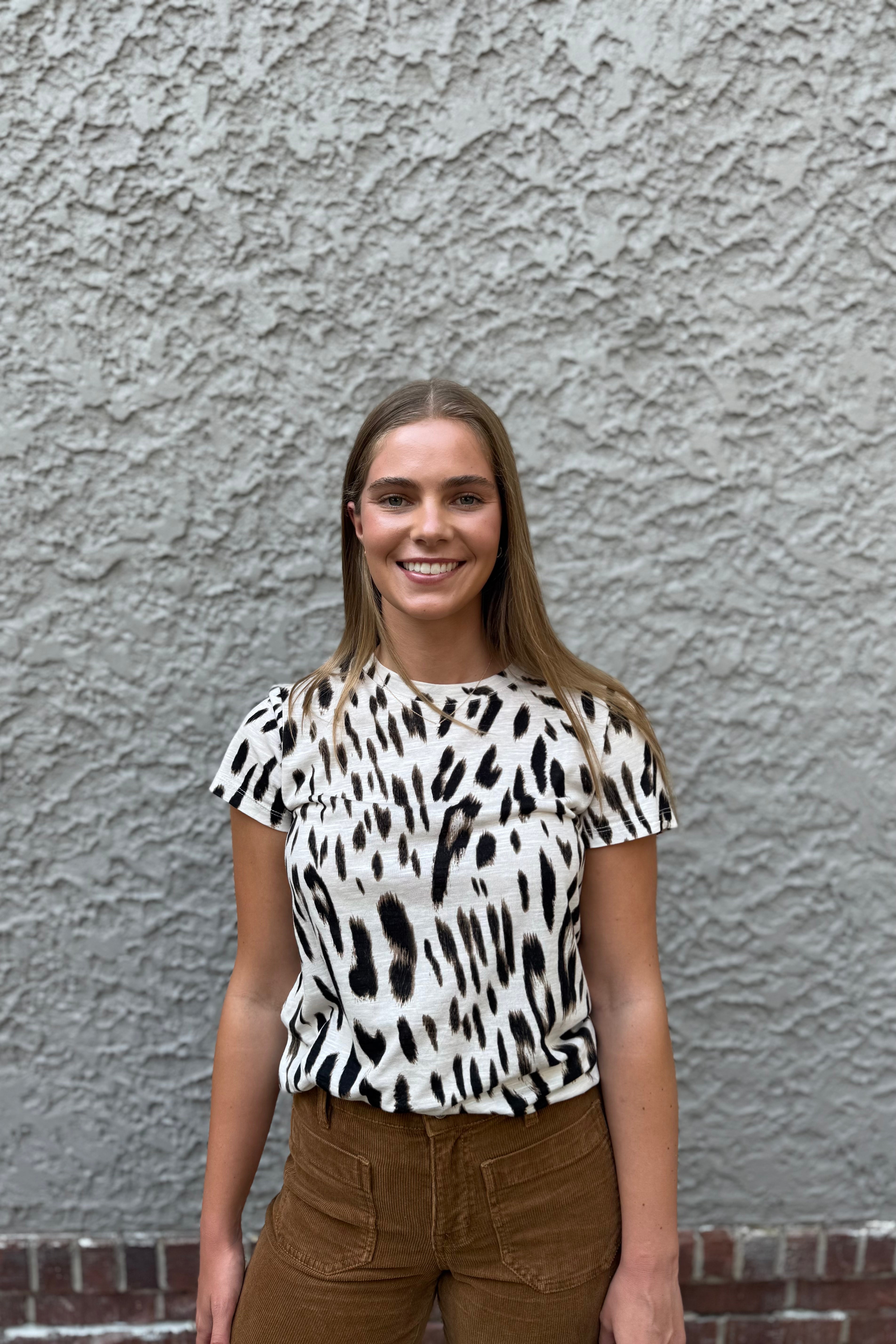 This tee is a great way to add a little print &amp; novelty to any outfit! It's great to wear on it's own but also perfect for layering under jackets or sweaters! Crew neck and Short sleeve
