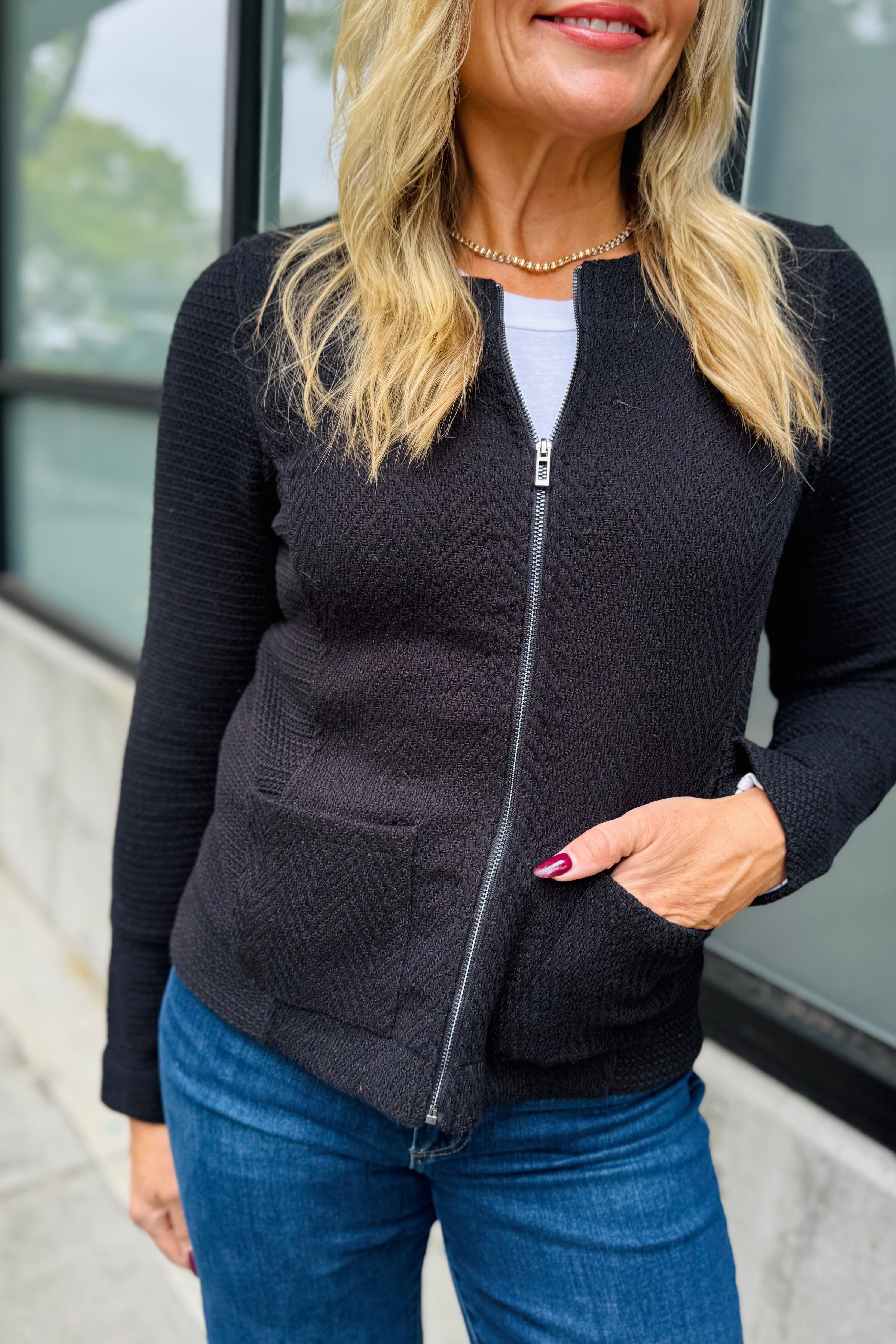 Weave Mix Knit Zip Jacket - Black Onyx
