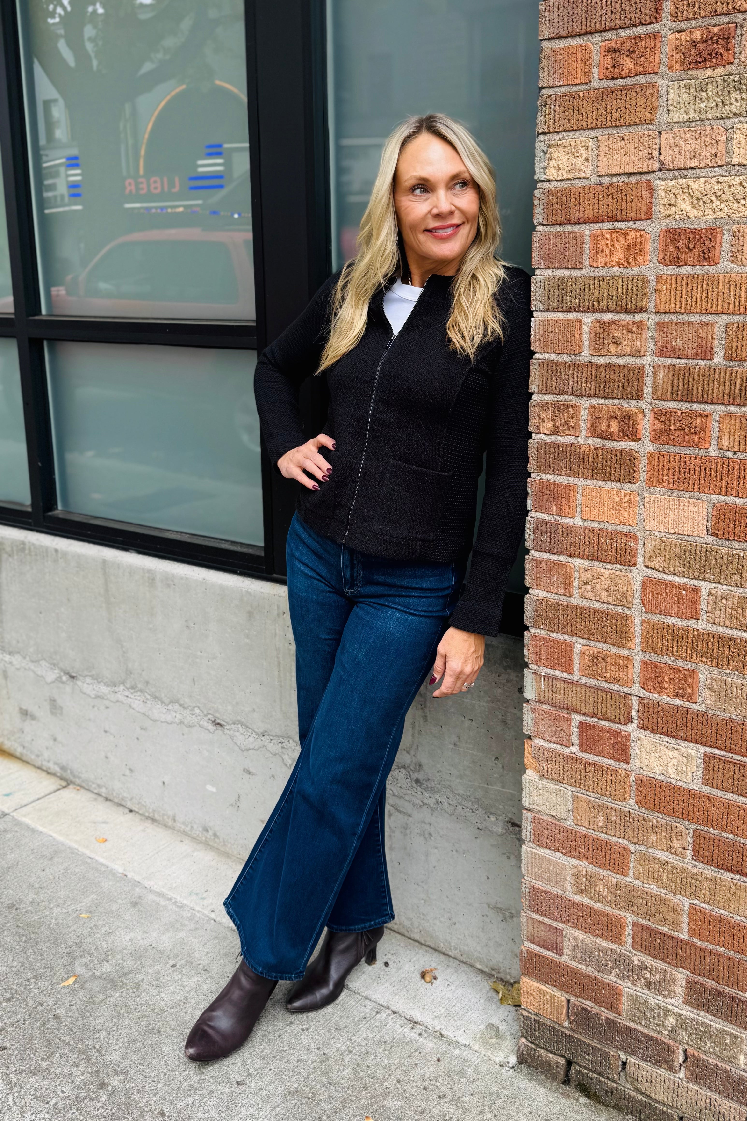Nic + Zoe Weave Mix Knit Zip Jacket - Black Onyx | Arktana