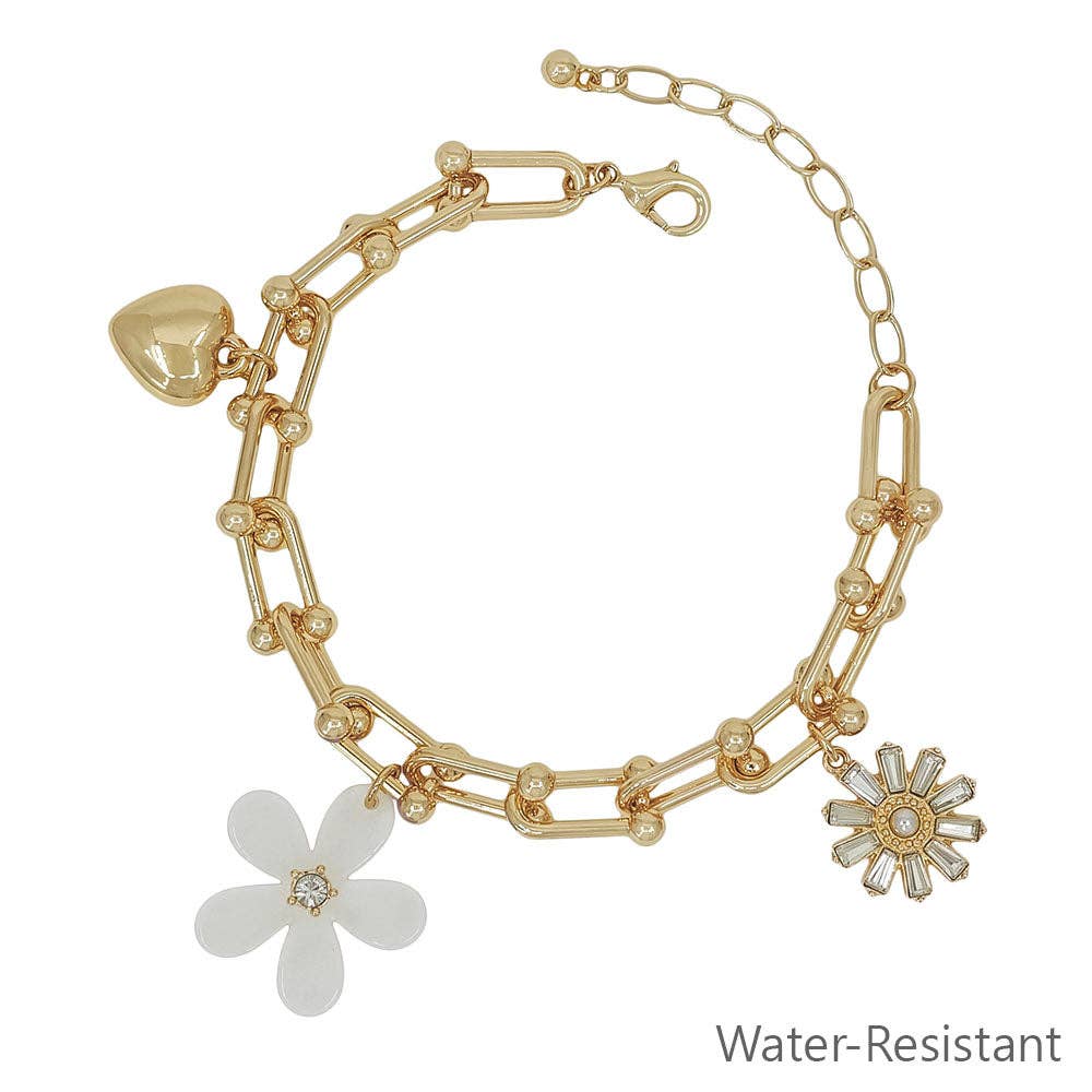 White Resin Flower, Rhinestone, and Heart Charm Bracelet