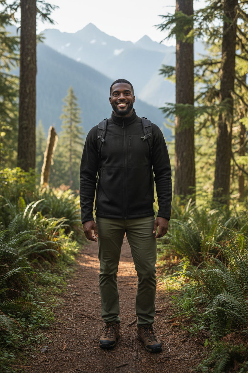 Man wearing the Fjällräven Abisko Lite fleece jacket in Black on a Pacific Northwest forest trail, a light, quick-drying fleece for hiking, camping and cool mornings on the trail or around town