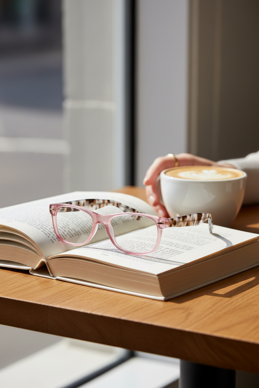 Blue Planet Acadia Blue Light Readers on an open book with a latte, perfect for reading, screen time and everyday wear