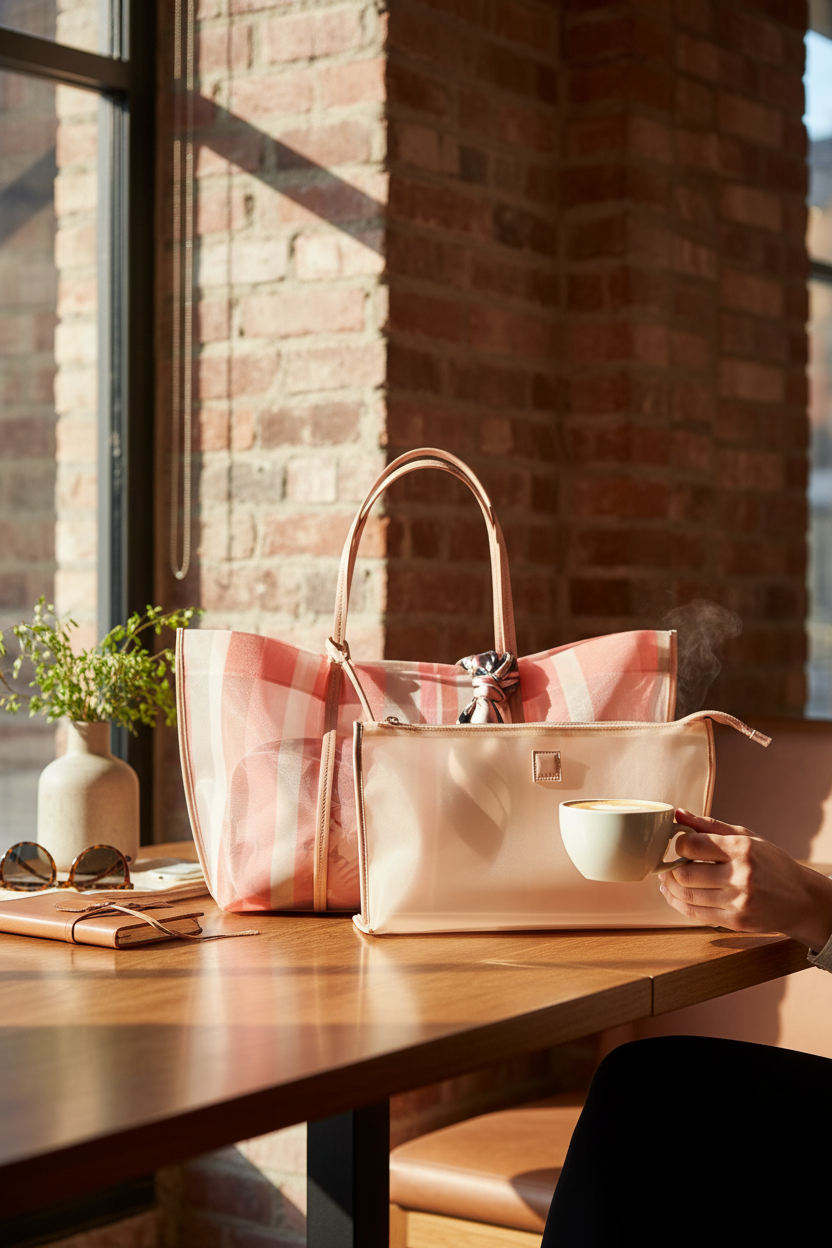Dolce Vita Aislin Mesh Tote on a cafe table in a cozy boutique, perfect for everyday errands, weekend outings and travel