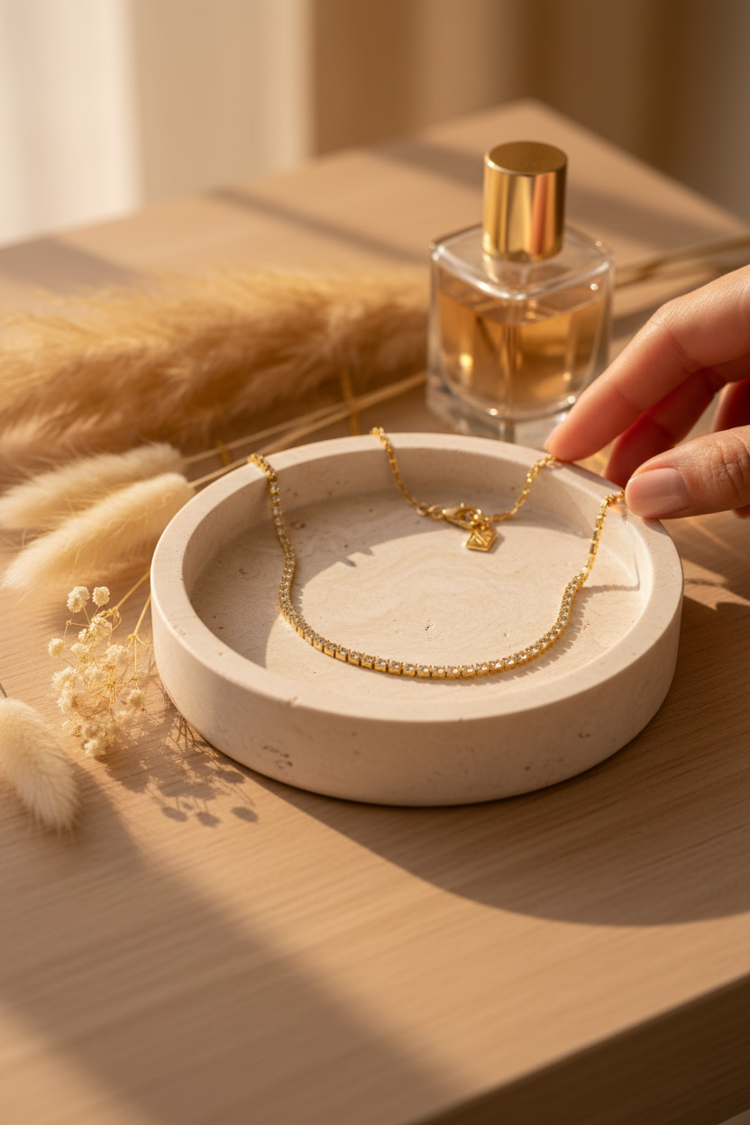 Miranda Frye Amanda Necklace draped on a travertine jewelry dish, perfect for layering, everyday wear and gifting