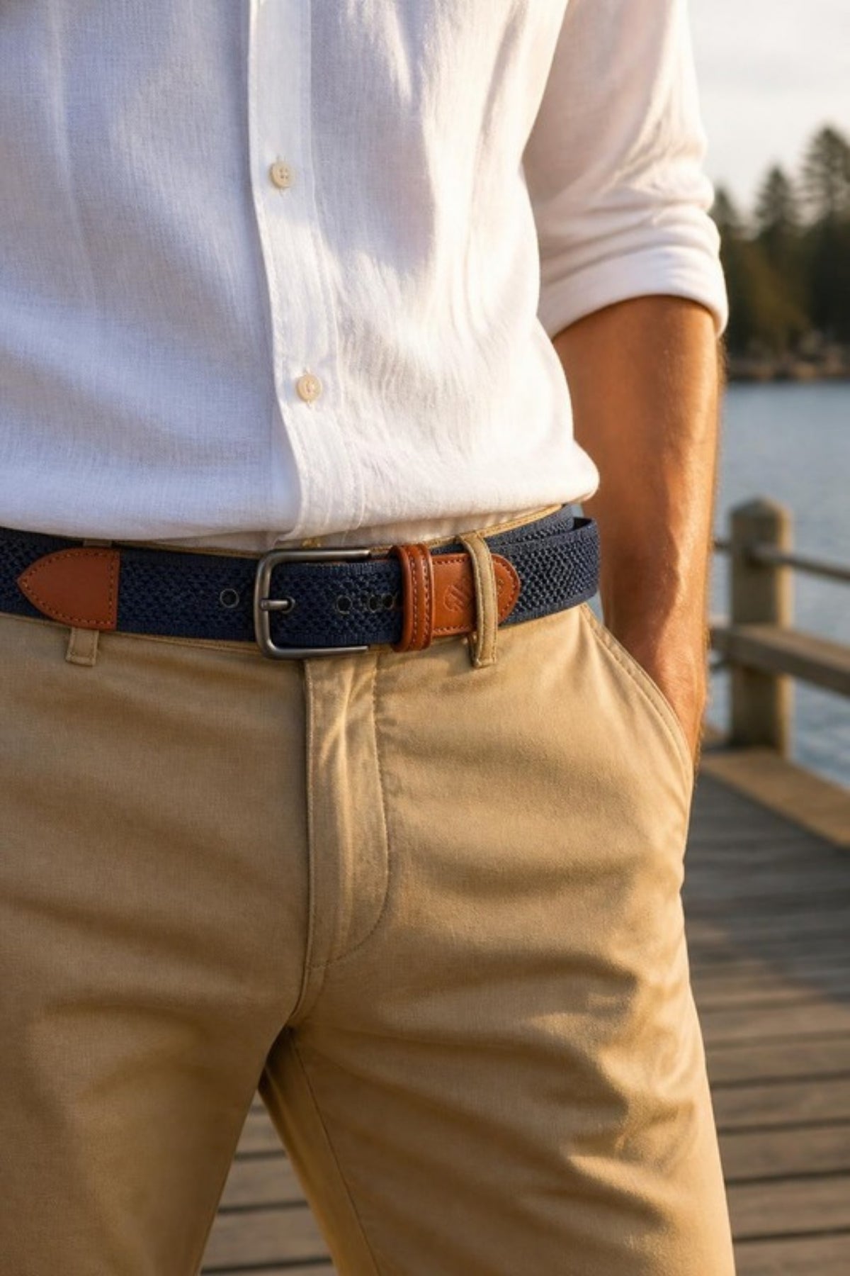 Johnston & Murphy Amherst Knit Belt in Navy worn with khaki chinos and a white linen shirt, a comfortable stretch woven belt for summer weekends, waterfront dinners, golf and relaxed office days