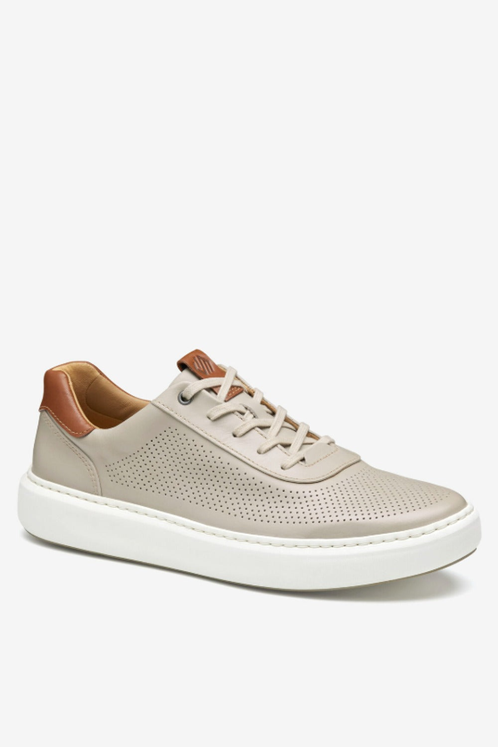 Johnston & Murphy Anders Perfed U-Throat in Beige perforated leather with cognac heel accents, a lightweight cushioned sneaker that stays breathable and comfortable on travel days, golf outings, long walks and casual Fridays