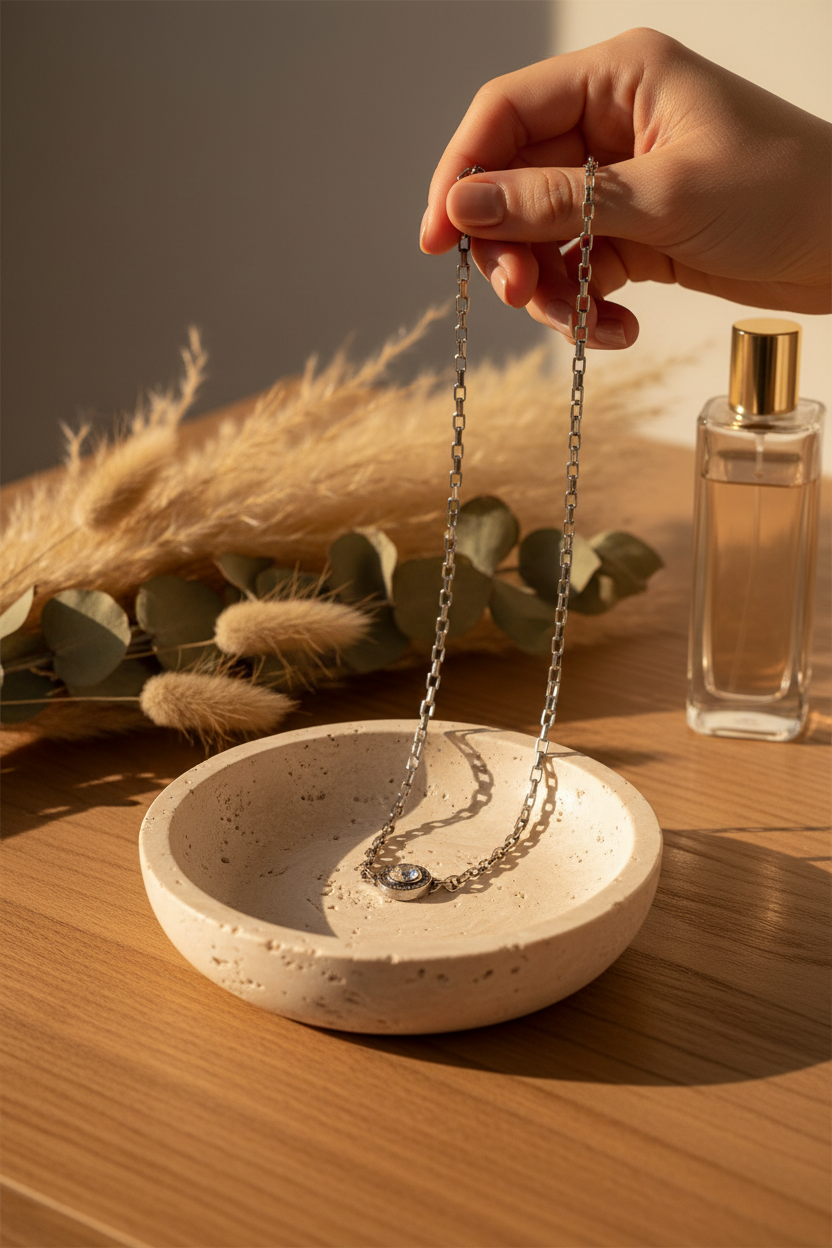 French Kande Annecy Necklace draped on a travertine jewelry dish, perfect for layering, everyday wear and gifting