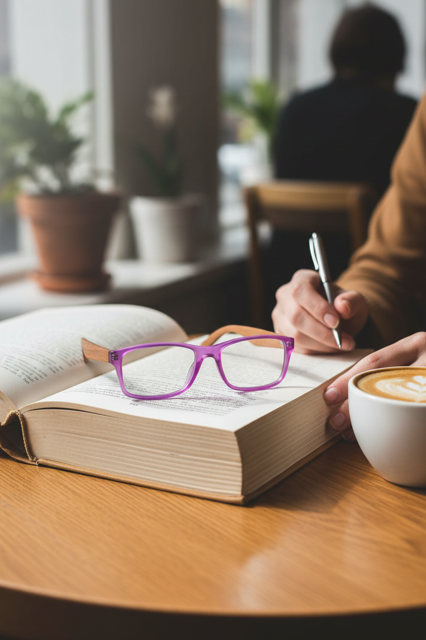 Blue Planet Anza Blue Light Readers on an open book with a latte, perfect for reading, screen time and everyday wear