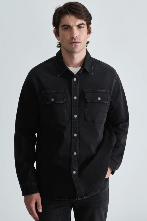 Mavi Asher Explorer shirt in Smoke, a heritage-inspired washed black denim button-up made for layering over a tee, great for weekend outings, brewery visits, concerts and casual Fridays