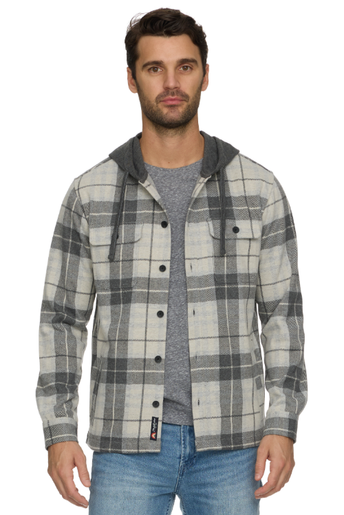 Flag & Anthem Ashford hooded shirt jacket in Cream/Charcoal, a comfortable stretch shacket with a hood for layering on cool fall days, weekend errands, tailgates and casual outings