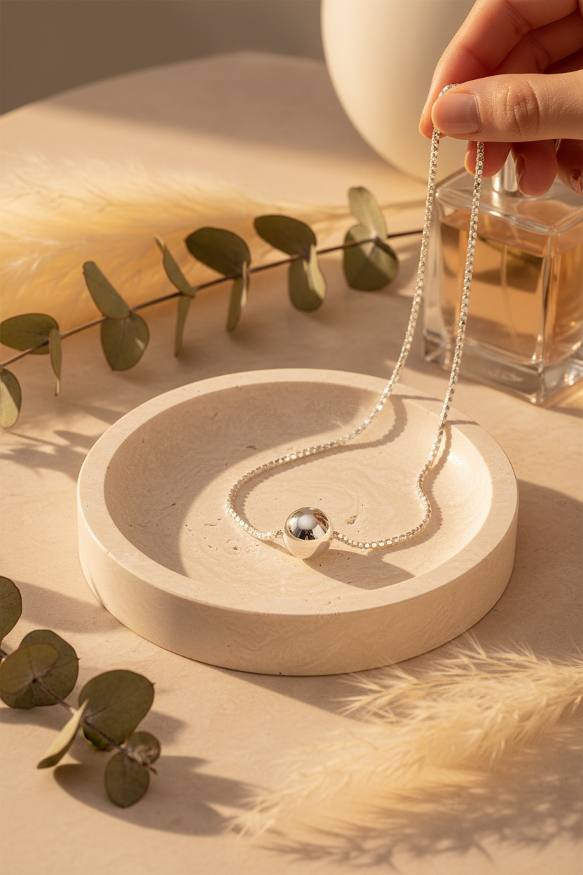 Silpada Atrani Beaded Station Necklace draped on a travertine jewelry dish, perfect for layering, everyday wear and gifting