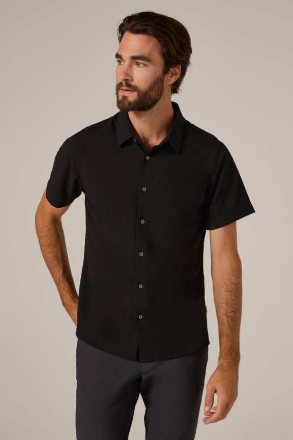 7 Diamonds Barnes shirt in Black, a breathable seersucker-style button-up that keeps you cool and sharp on hot days at the office, summer weddings, vacations and nights out